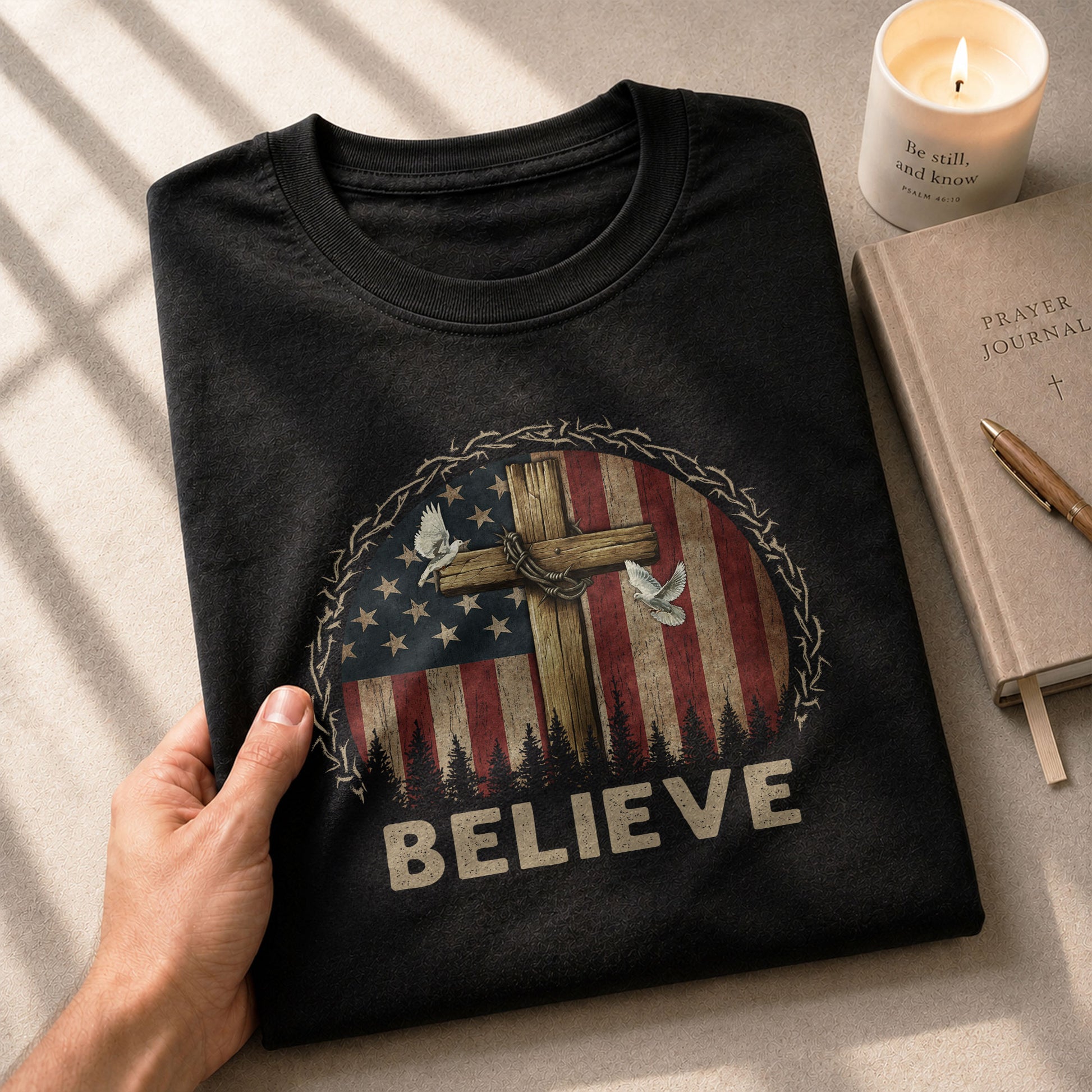 Christian Shirts for Men, Believe Cross and Dove American Flag - Christian Tee Shirts - Rust Field Wear