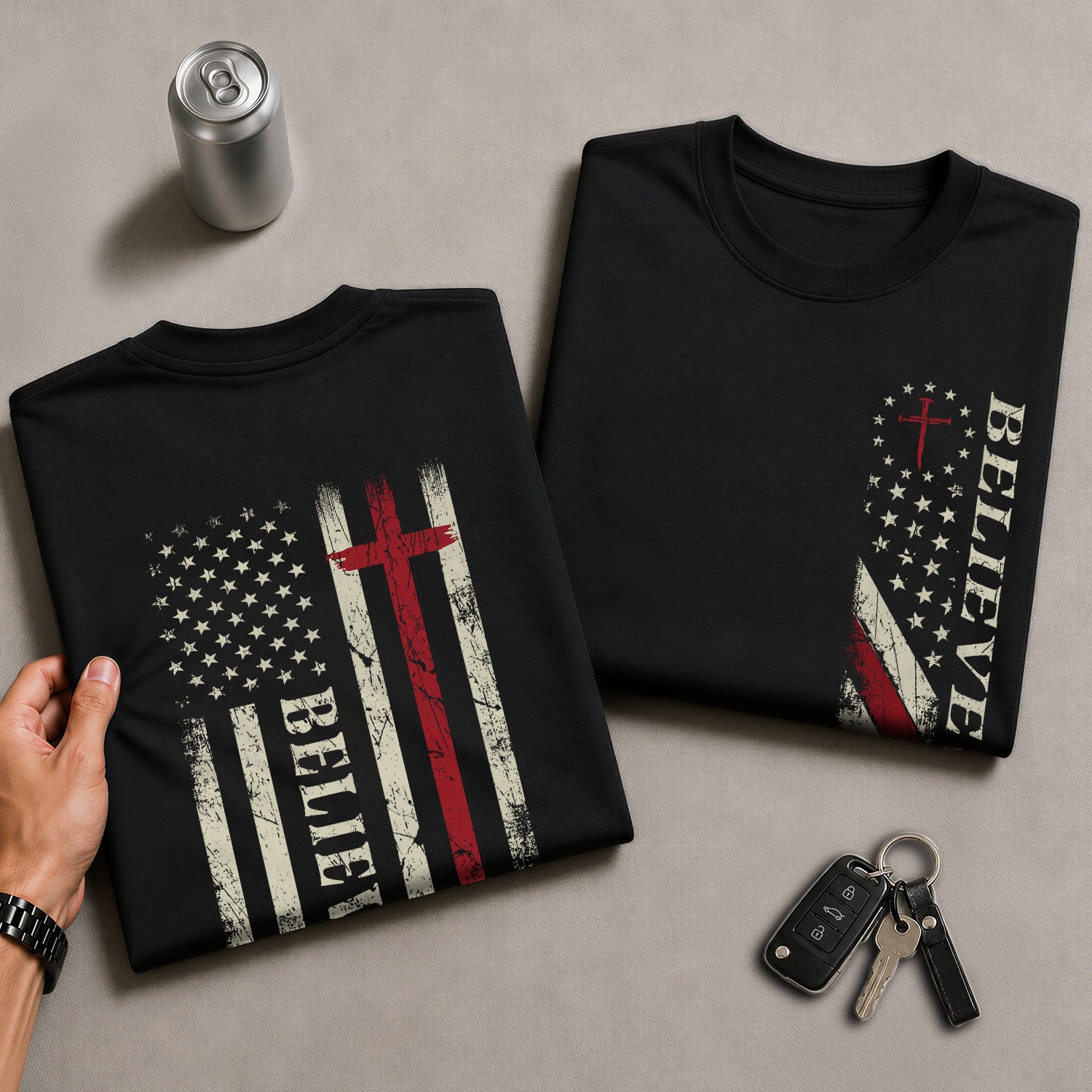 Believe American Flag Cross, Christian Tee Shirts - Faith Shirts for Men - Rust Field Wear