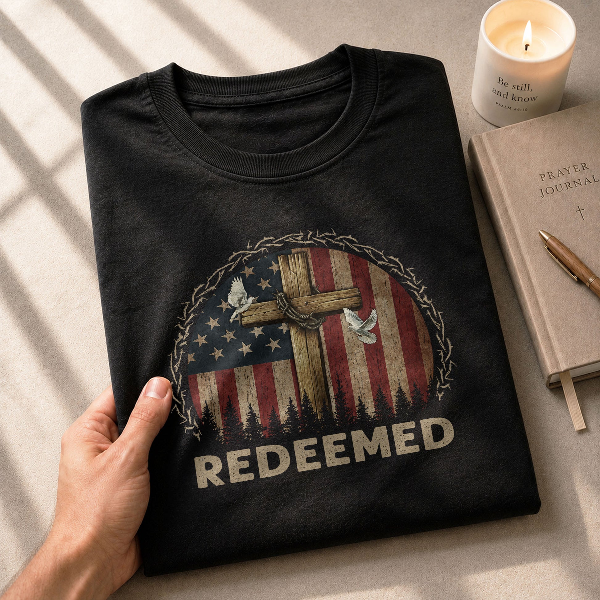 Christian Tee Shirts, Redeemed American Flag Cross Patriotic Christian - Christian Shirts for Men - Rust Field Wear