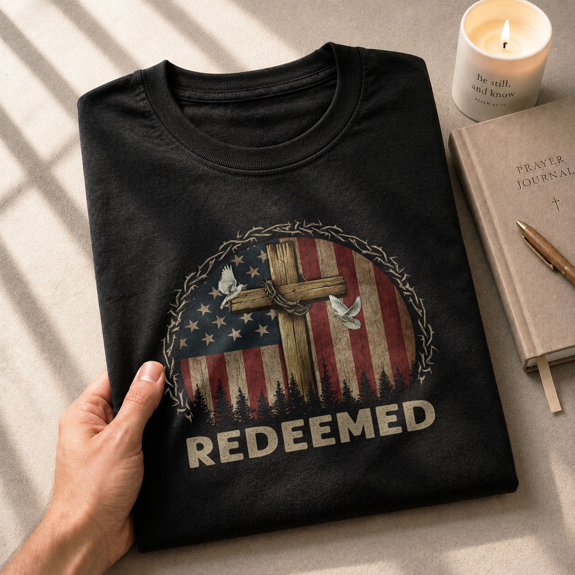 Christian Tee Shirts, Redeemed American Flag Cross Patriotic Christian - Christian Shirts for Men - Rust Field Wear