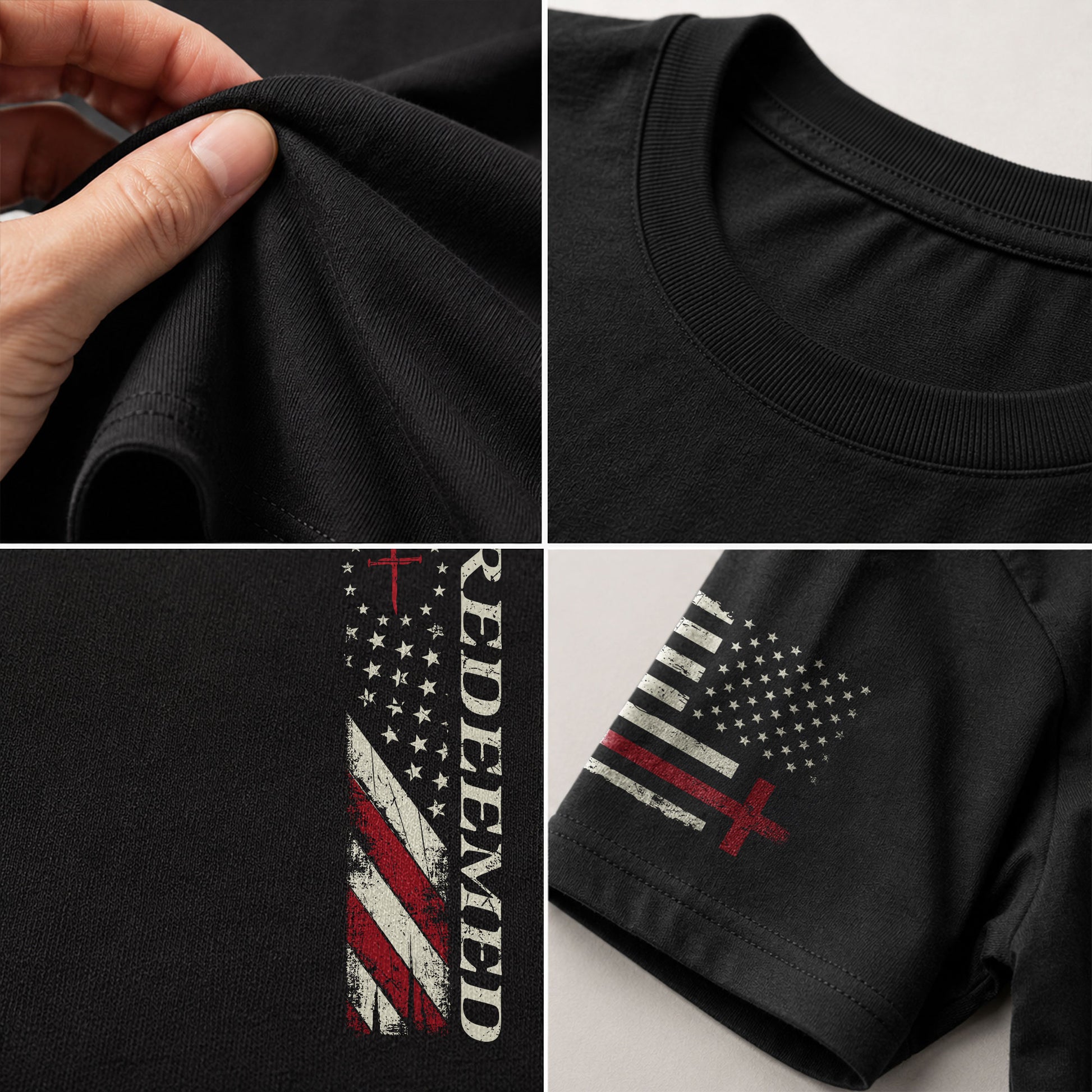 Redeemed Christian Ephesians 1:7 American Flag Cross Design - Christian Tee Shirts, Christian Shirts for Men - Rust Field Wear