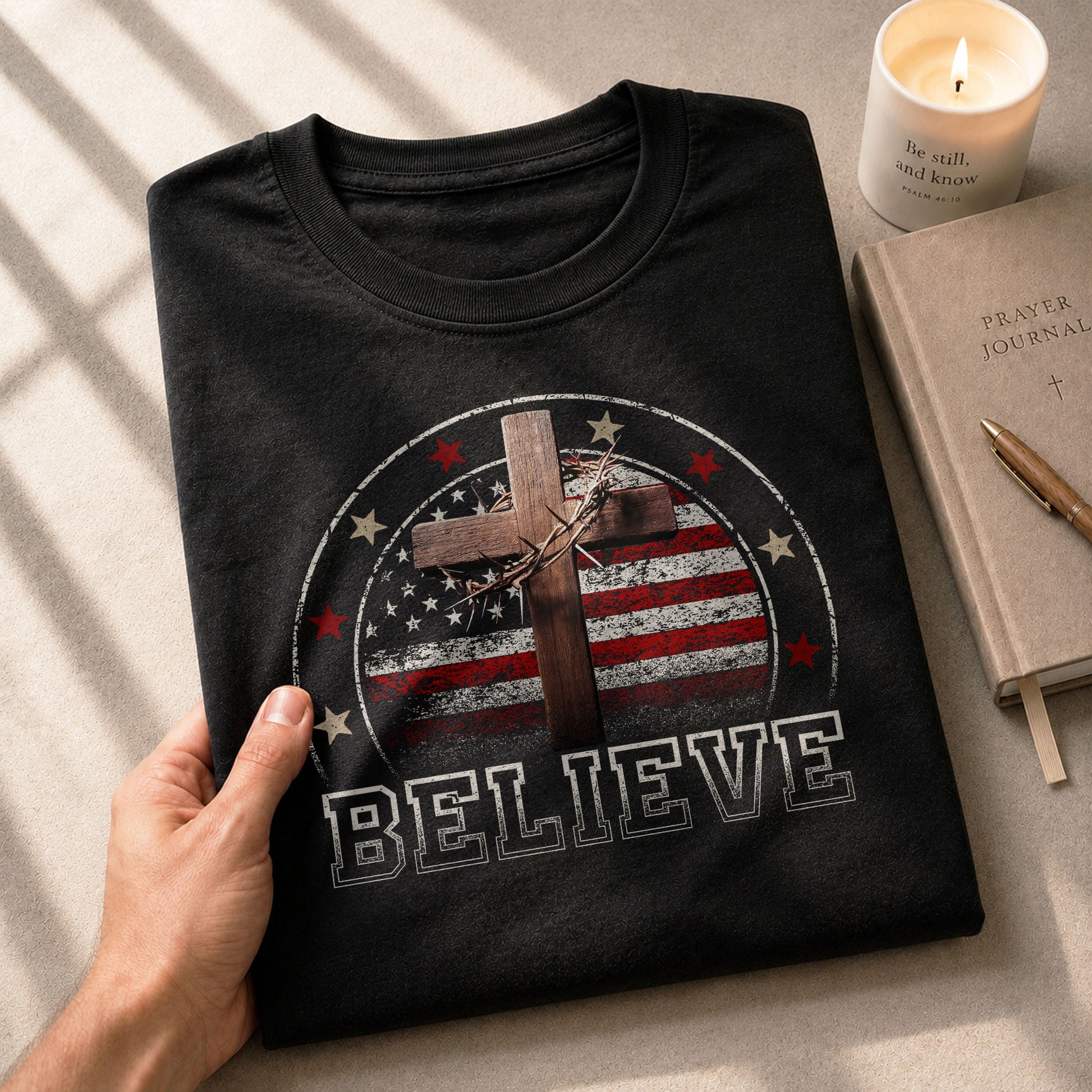 Believe American Flag and Cross Christian - Christian Tee Shirts, Christian Shirts for Men - Rust Field Wear