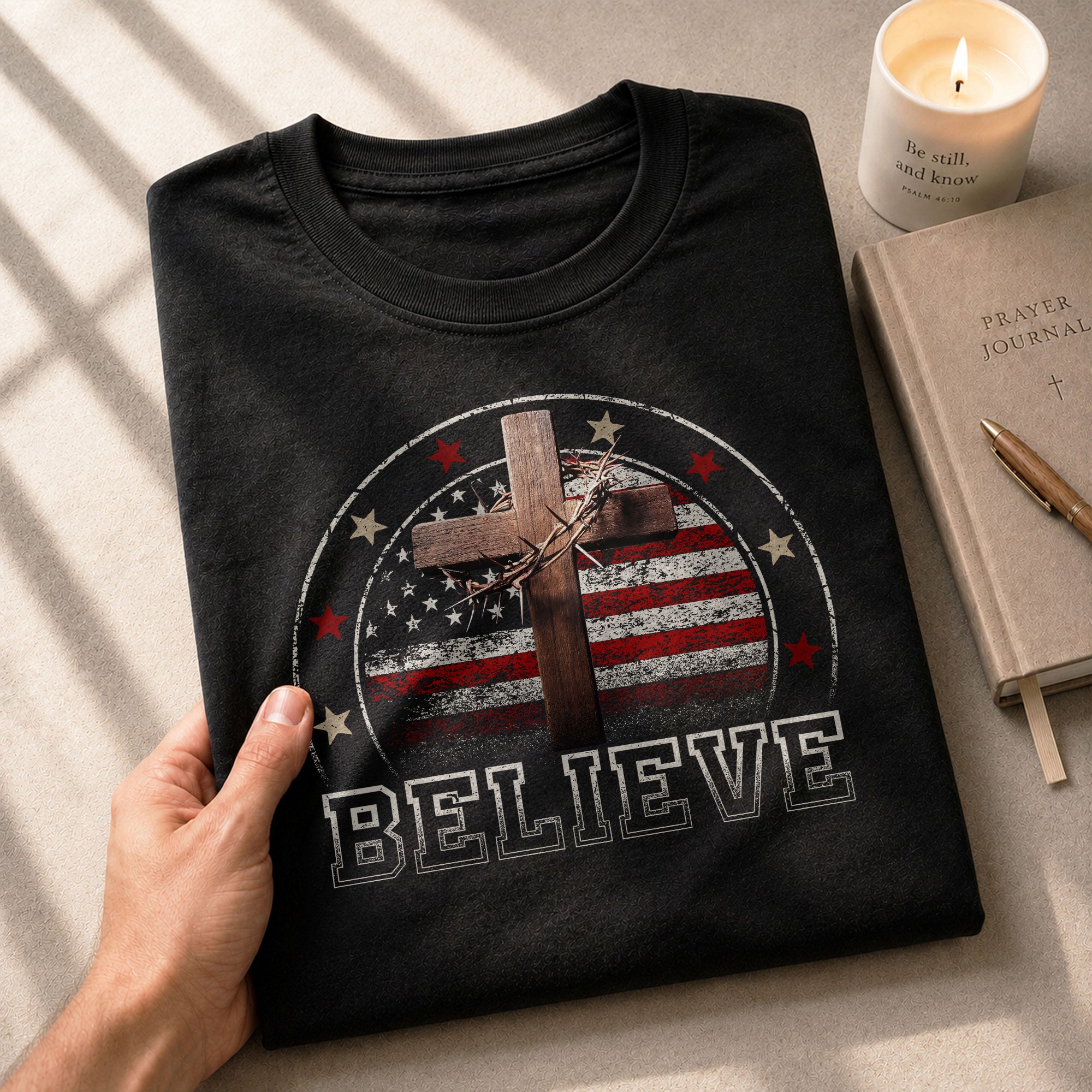 Believe American Flag and Cross Christian - Christian Tee Shirts, Christian Shirts for Men - Rust Field Wear