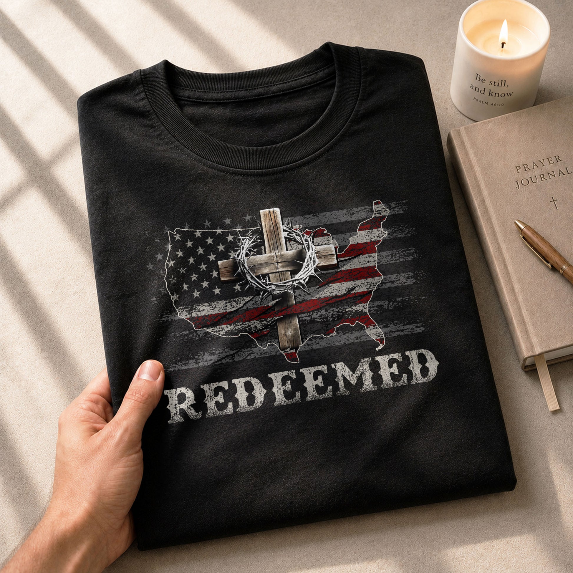 Christian Shirts for Men - Redeemed USA Flag Cross Christian, Christian Tee Shirts - Rust Field Wear