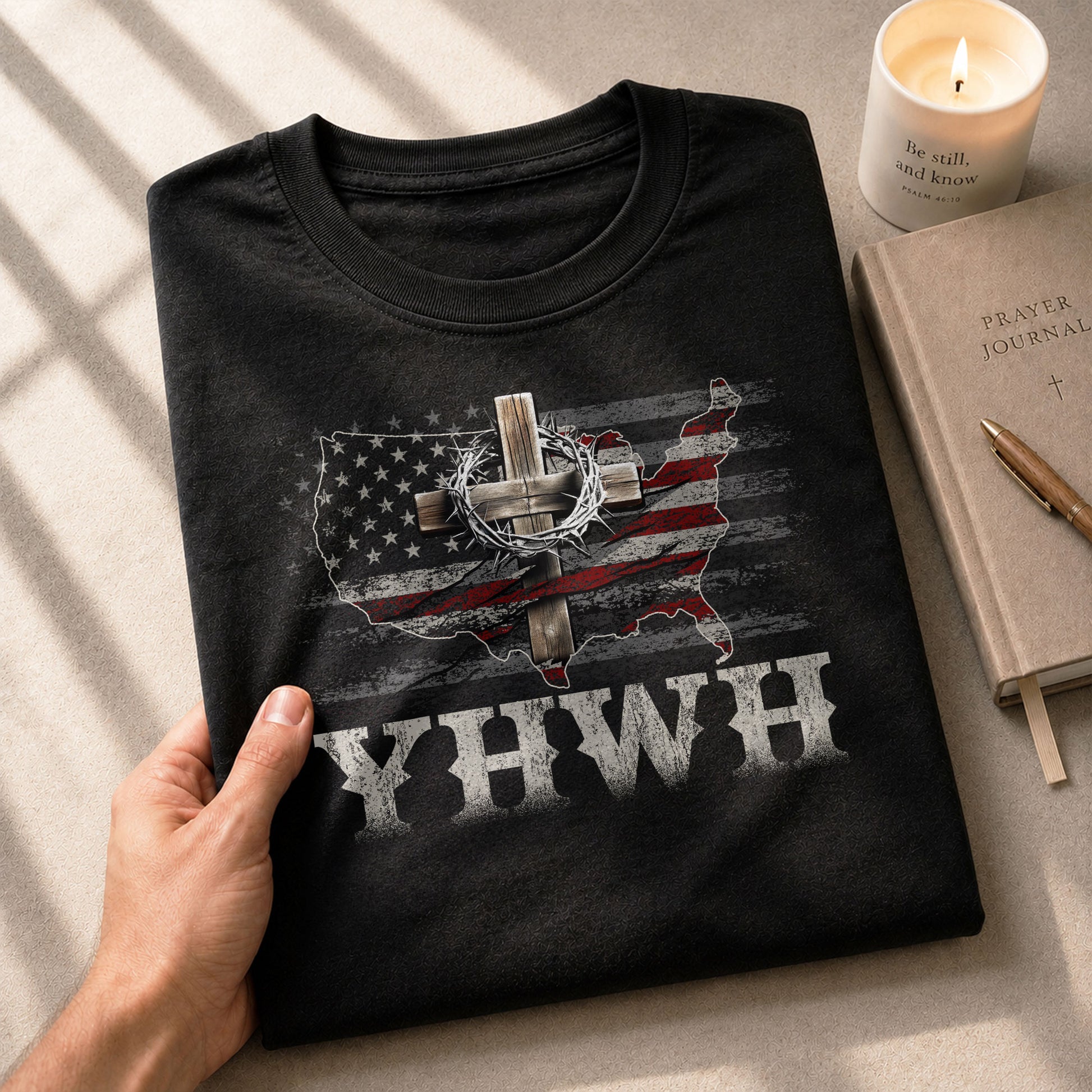 YHWH USA Cross Christian Faith and Patriotism, Christian Tee Shirts - Faith Shirts for Men - Rust Field Wear