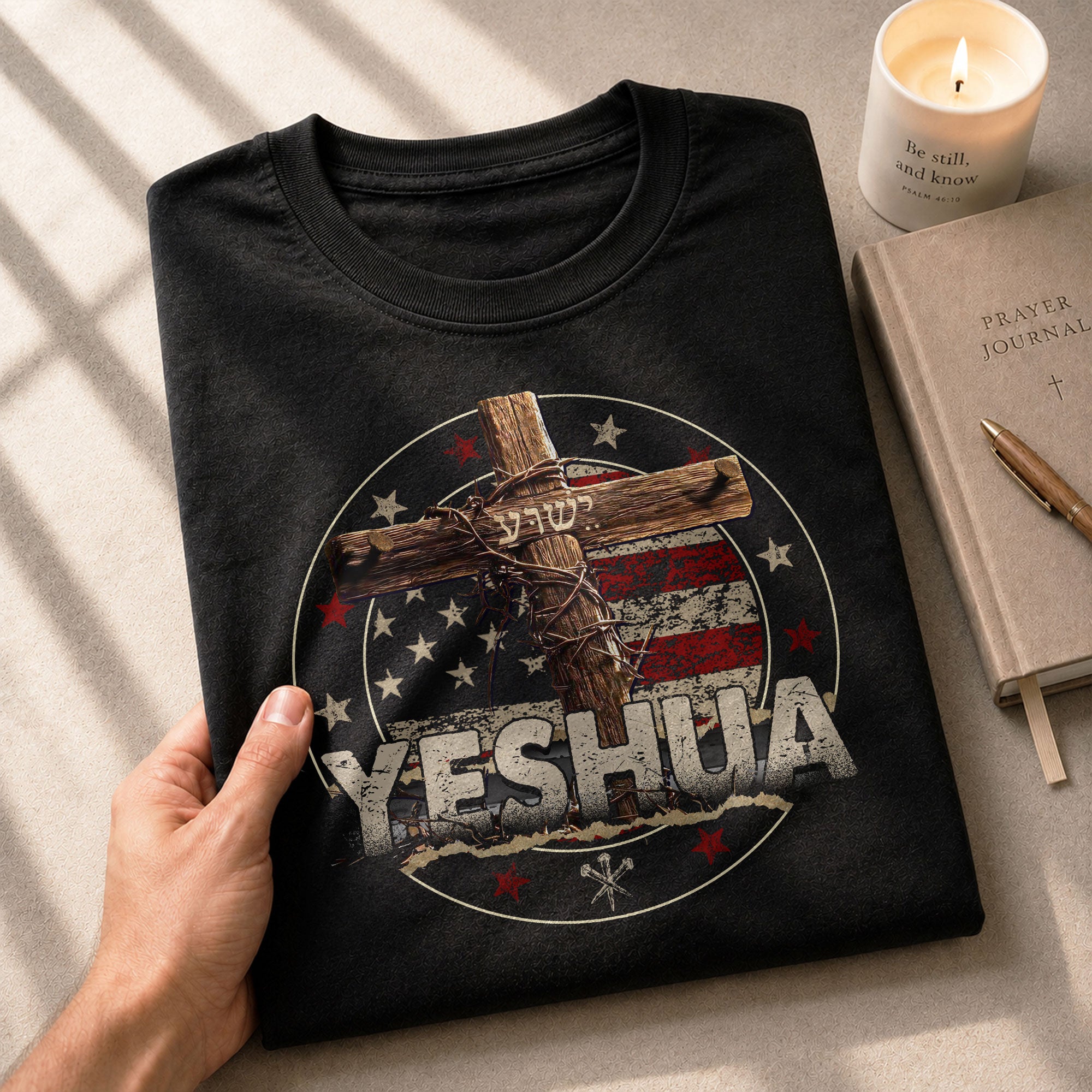 Christian Shirts for Men - Yeshua Cross and Flag, Christian Tee Shirts - Rust Field Wear