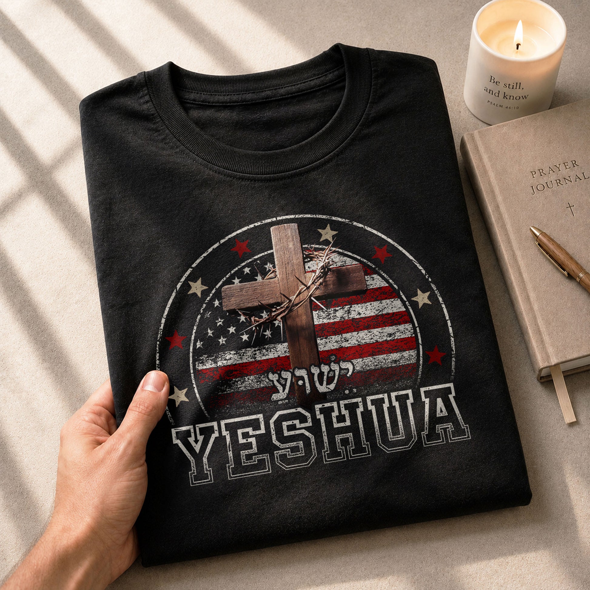 Christian Tee Shirts, Yeshua Cross and American Flag - Christian Shirts for Men - Rust Field Wear