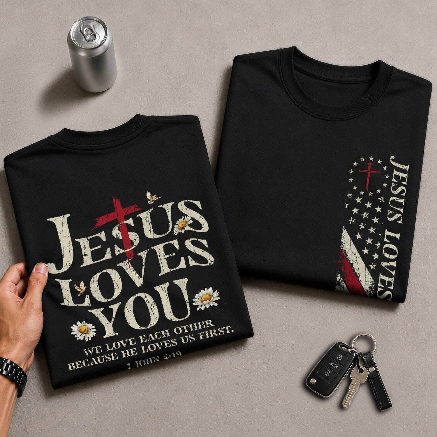 Christian Shirts for Men, Jesus Loves You Patriotic Cross - Christian Tee Shirts - Rust Field Wear