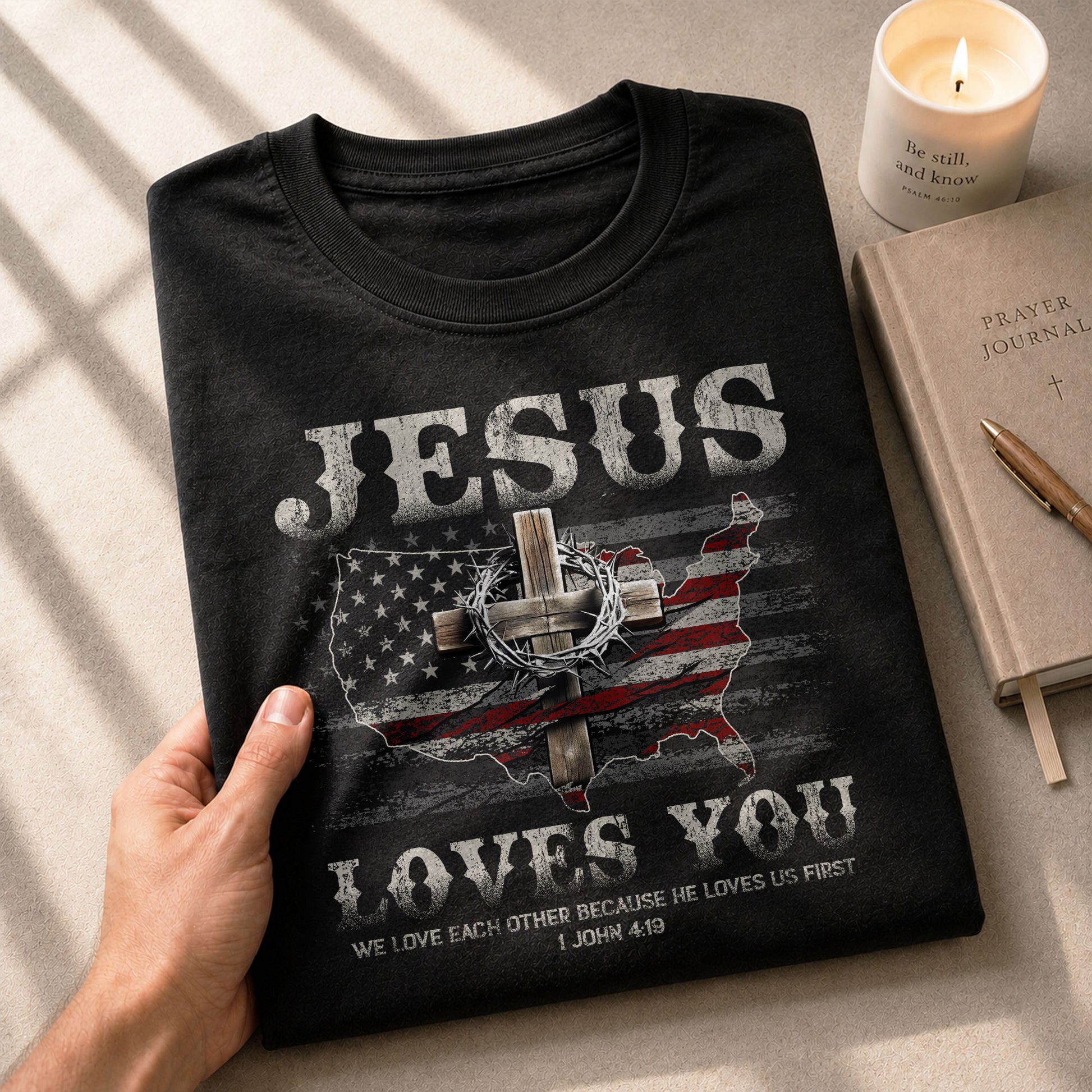 Faith Based Christian Tee Shirts, Jesus Loves You American Flag Cross - Christian Shirts for Men - Rust Field Wear
