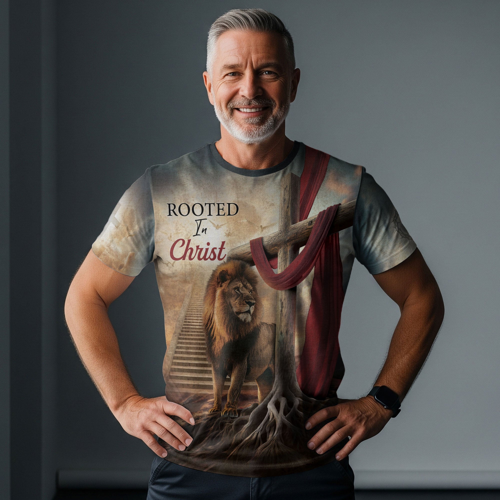 Christian Tee Shirts, Rooted In Christ The Rooted Cross And Lion - Freedom Shirts for Men, RustField Co - Rust Field Wear