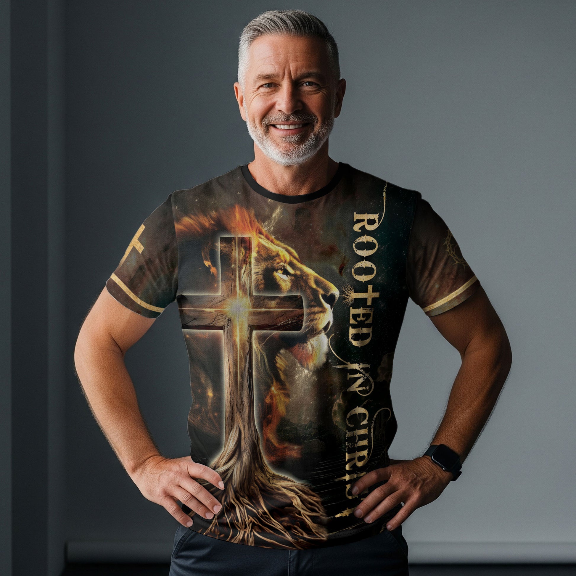 Rooted In The Light Of Christ Lion And Glowing Cross - Christian Tee Shirts for Men, Freedom Shirts, RustField Co - Rust Field Wear