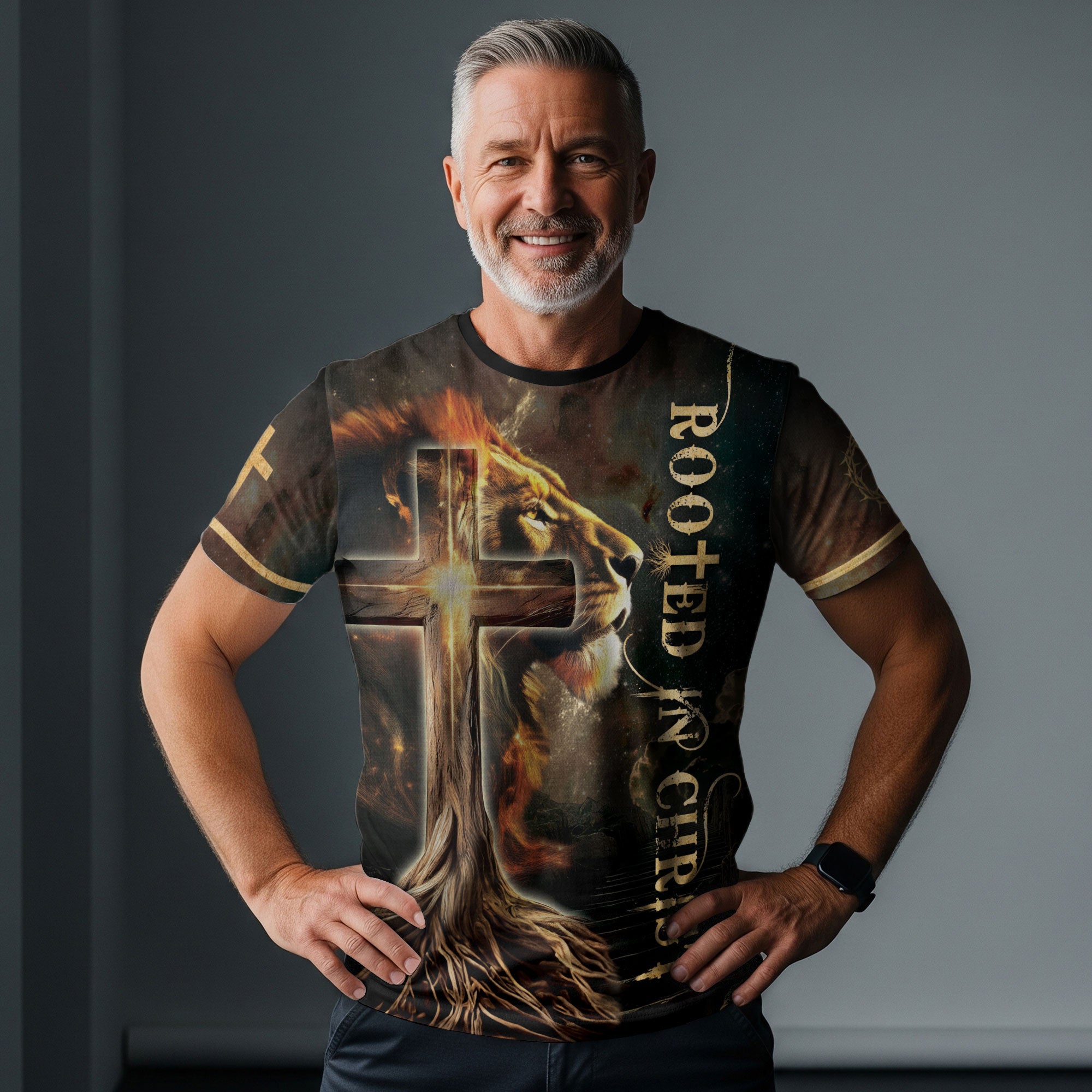 Rooted In The Light Of Christ Lion And Glowing Cross - Christian Tee Shirts for Men, Freedom Shirts, RustField Co - Rust Field Wear