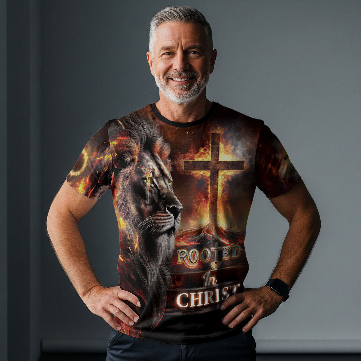 RustField Co, Rooted In Christ The Glowing Rooted Cross And Lion - Christian Tee Shirts for Men, Freedom Shirts - Rust Field Wear
