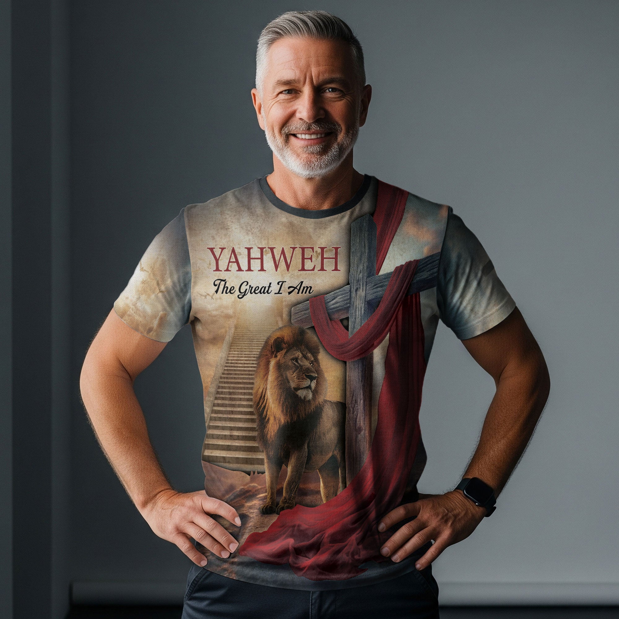 Christian Tee Shirts for Men, RustField Co - Yahweh and The Lion By The Cross, Freedom Shirts - Rust Field Wear