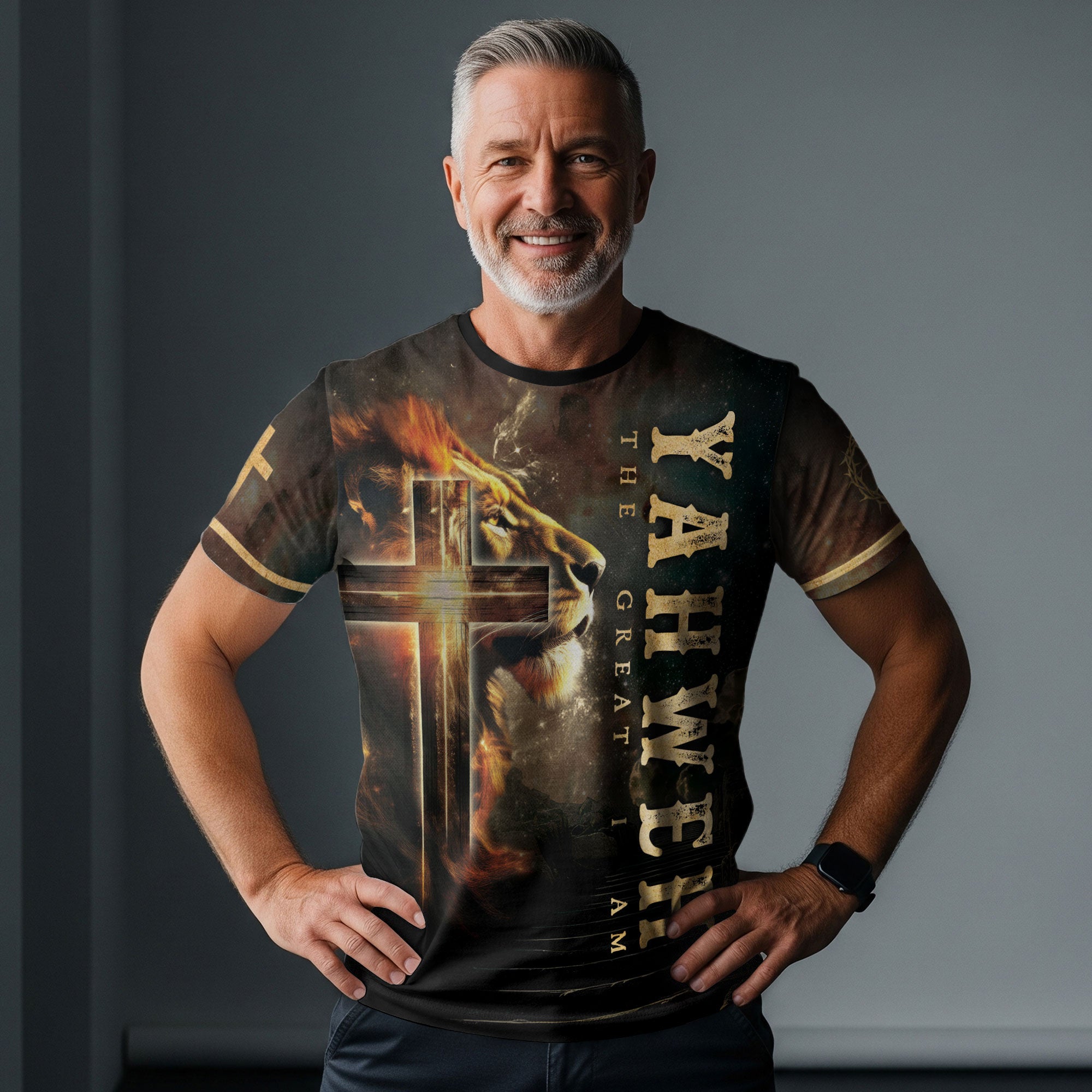 Yahweh The Great I Am Lion and Fiery Cross - RustField Co Freedom Shirts, Christian Tee Shirts for Men - Rust Field Wear