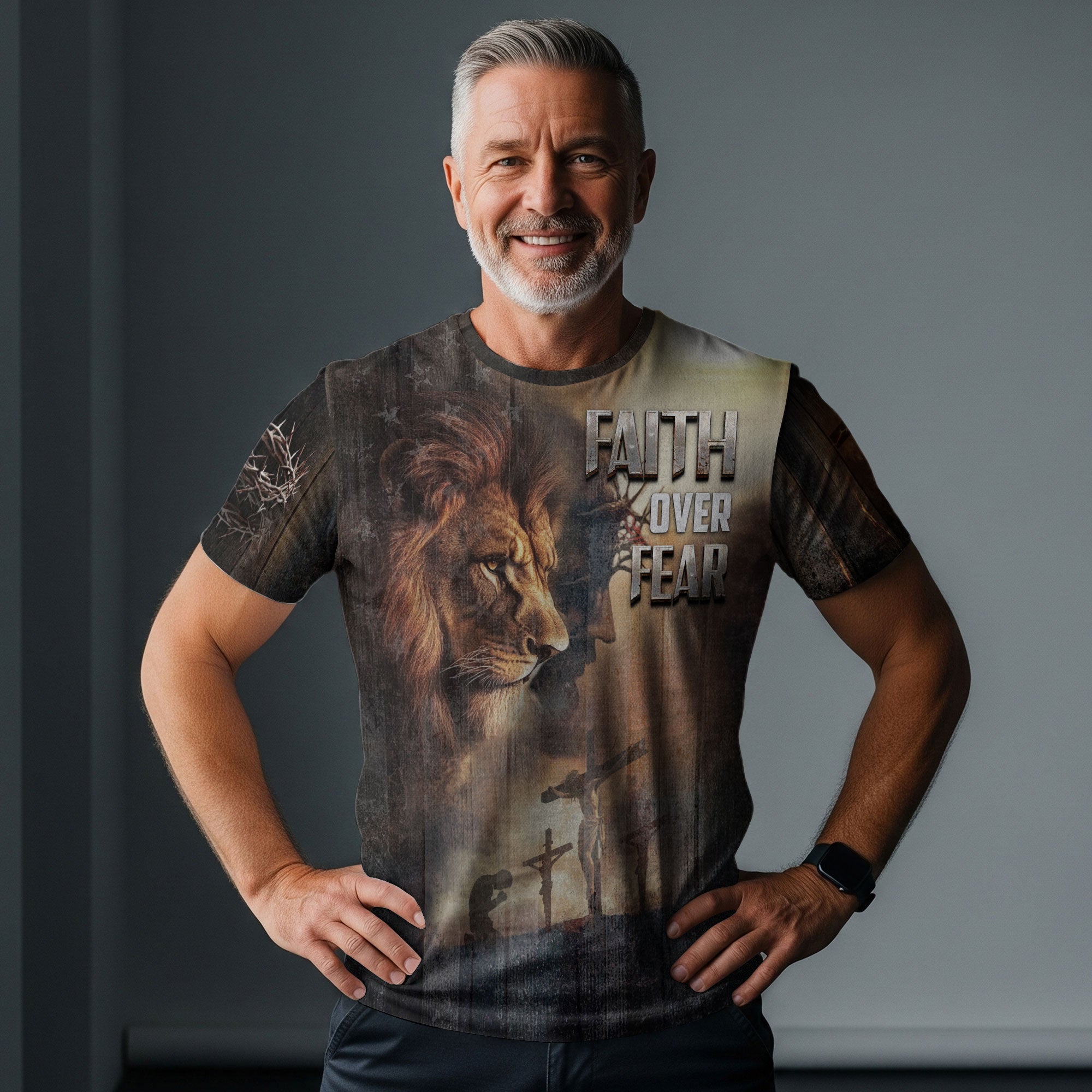 RustField Co, Faith Over Fear Lion and Cross Patriotic - Christian Tee Shirts for Men, Freedom Shirts - Rust Field Wear