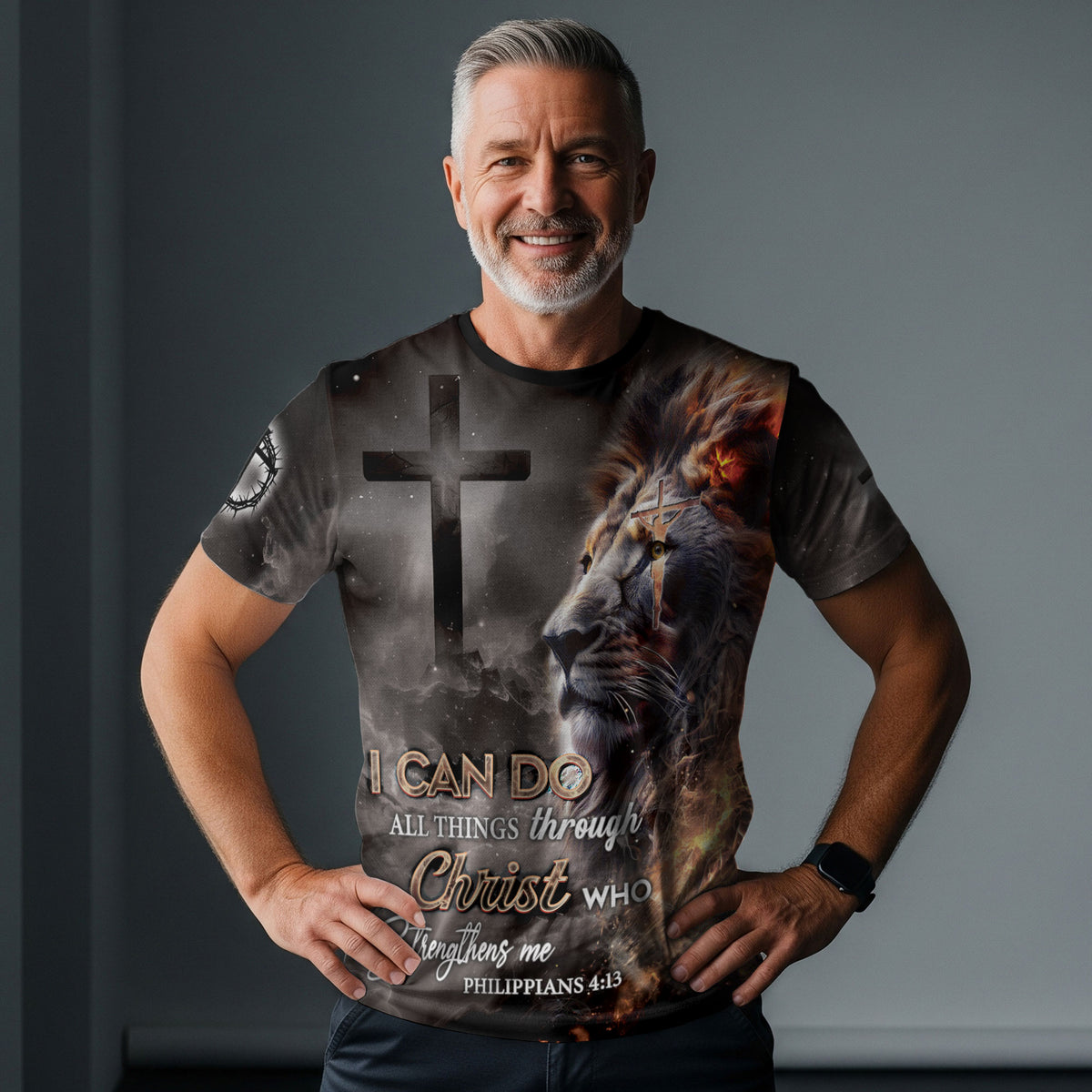 RustField Co Christian Tee Shirts - I Can Do All Things Through Christ Lion and Cross, Freedom Shirts for Men - Rust Field Wear