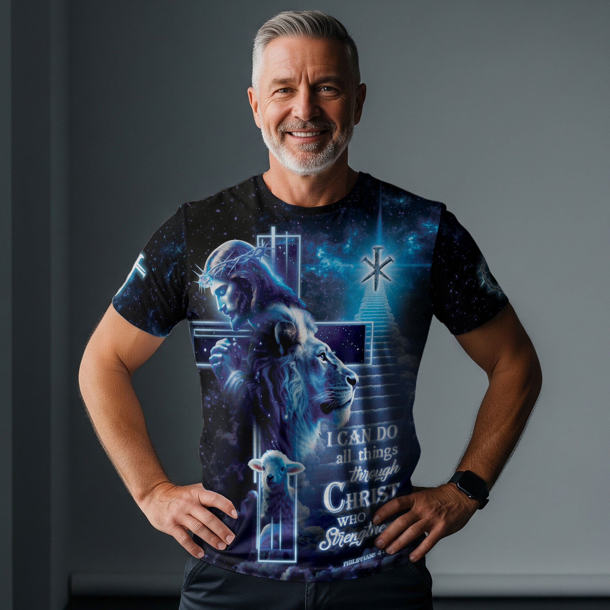 Christian Tee Shirts for Men, RustField Co - Christ Who Strengthens Me Cosmic Cross Tshirt, Freedom Shirts - Rust Field Wear