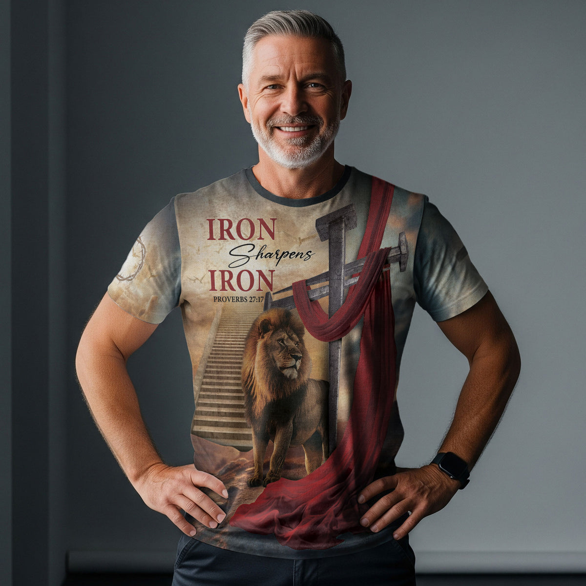 Iron Sharpens Iron Lion Cross Heaven Stairs - RustField Co Freedom Shirts, Christian Tee Shirts for Men - Rust Field Wear
