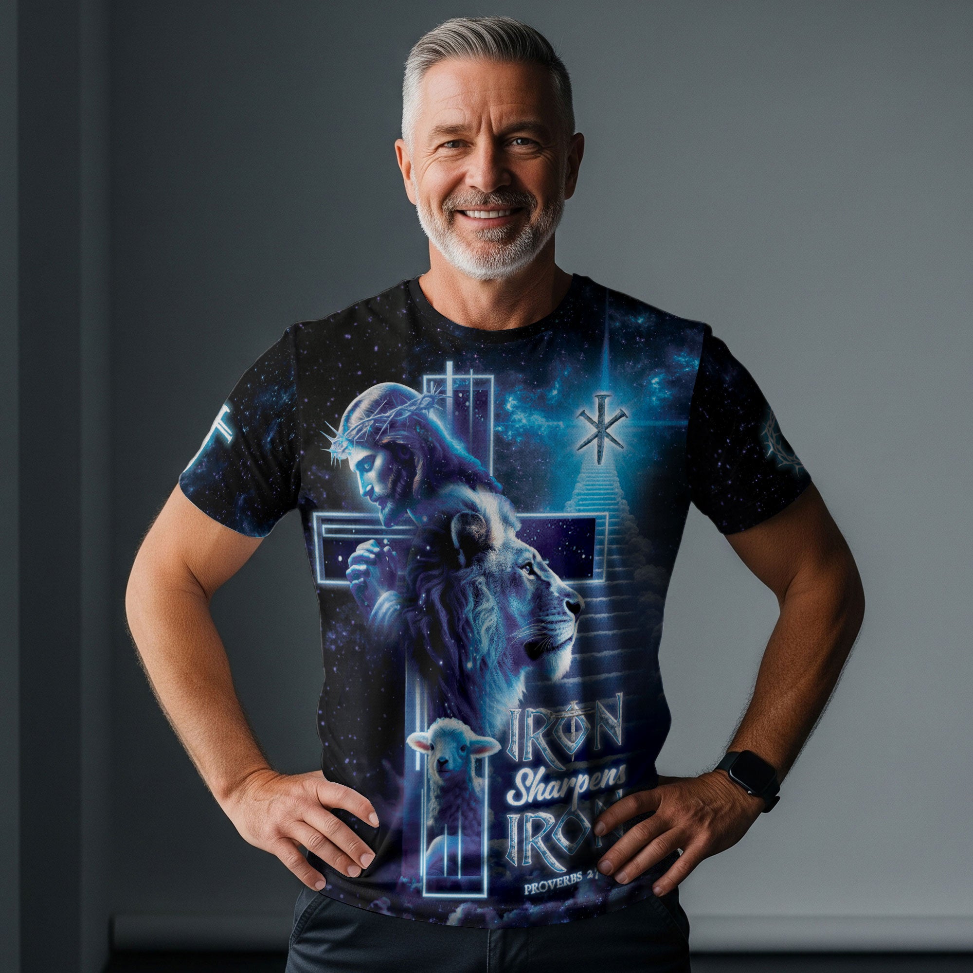 Christian Tee Shirts, Iron Sharpens Iron Proverbs 27 17 Cosmic - Freedom Shirts for Men, RustField Co - Rust Field Wear