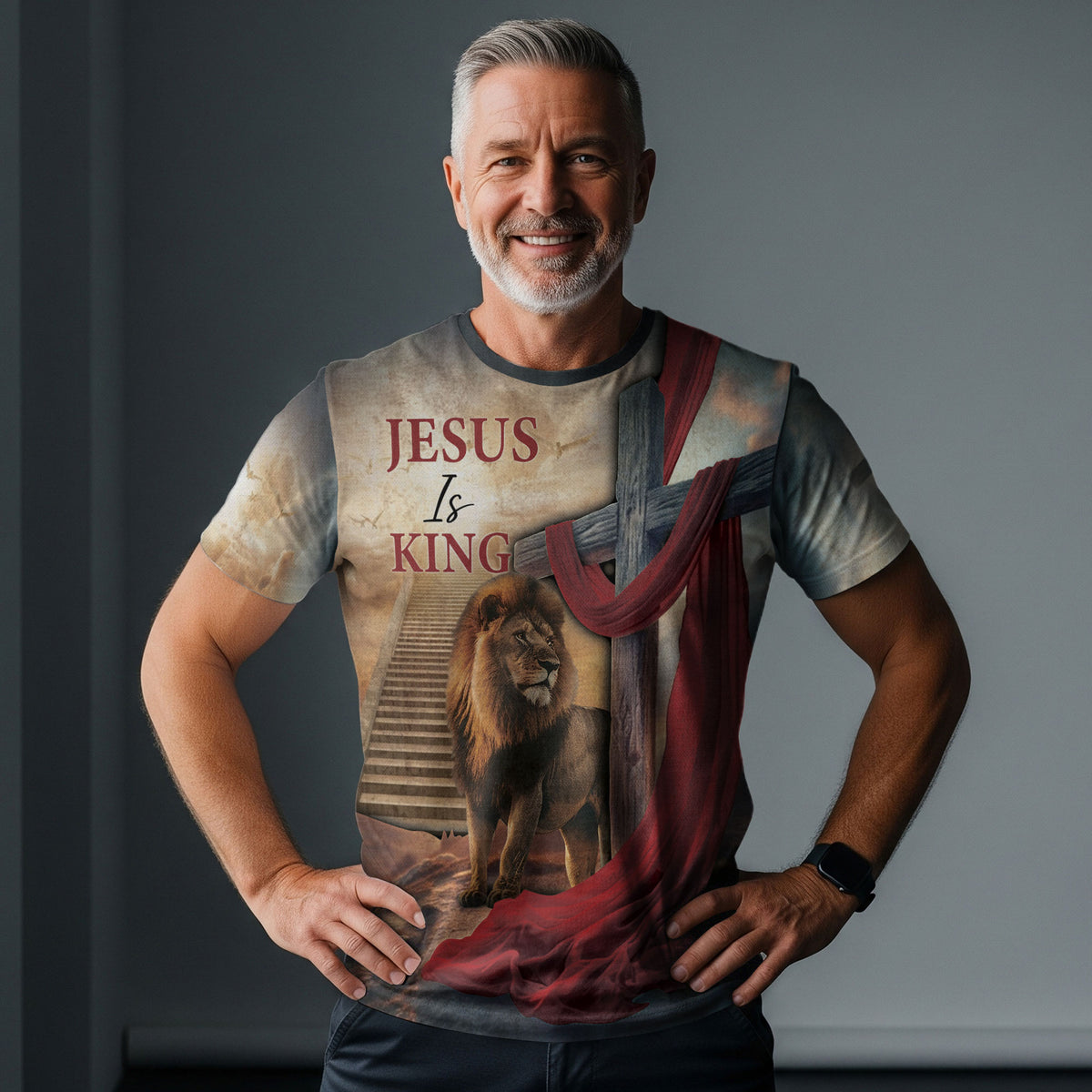 Christian Tee Shirts for Men, RustField Co - Jesus Is King Majestic Lion And Royal Sash, Freedom Shirts - Rust Field Wear