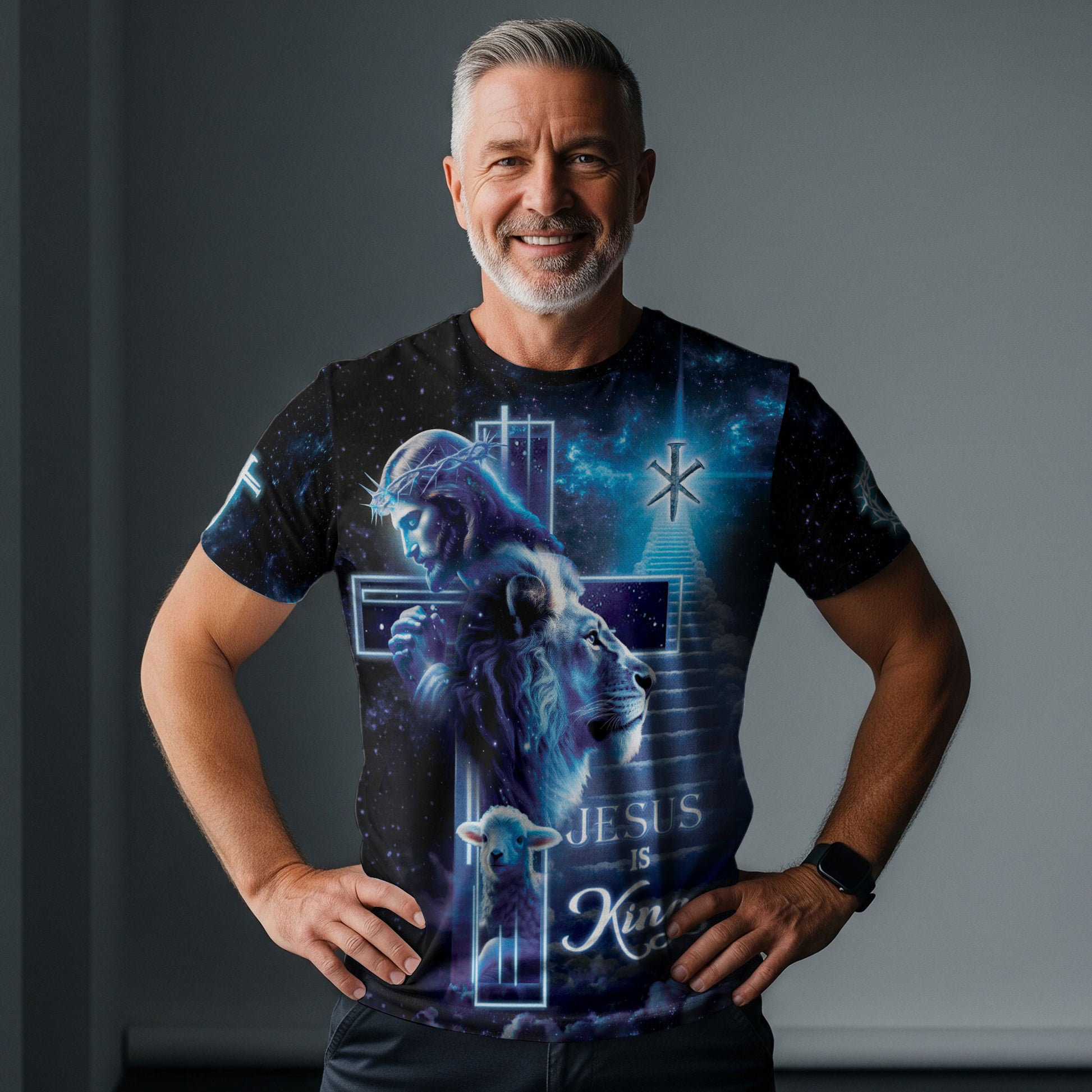 Jesus Is King The Lion And The Lamb On Heaven's Stair Christian Tee Shirts - Freedom Shirts for Men, RustField Co - Rust Field Wear