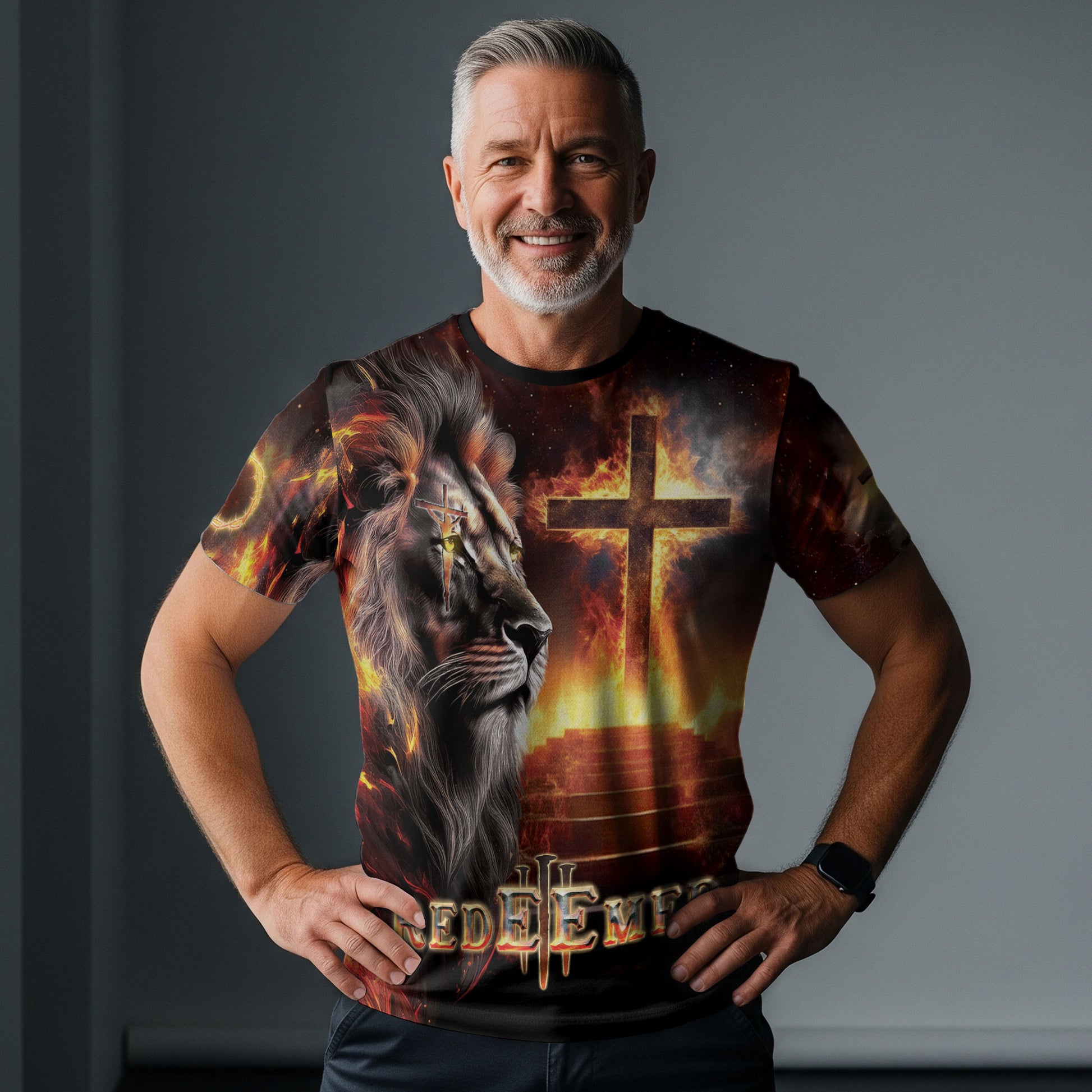 RustField Co Christian Tee Shirts - Redeemed By The Lion Of Judah Fiery, Freedom Shirts for Men - Rust Field Wear