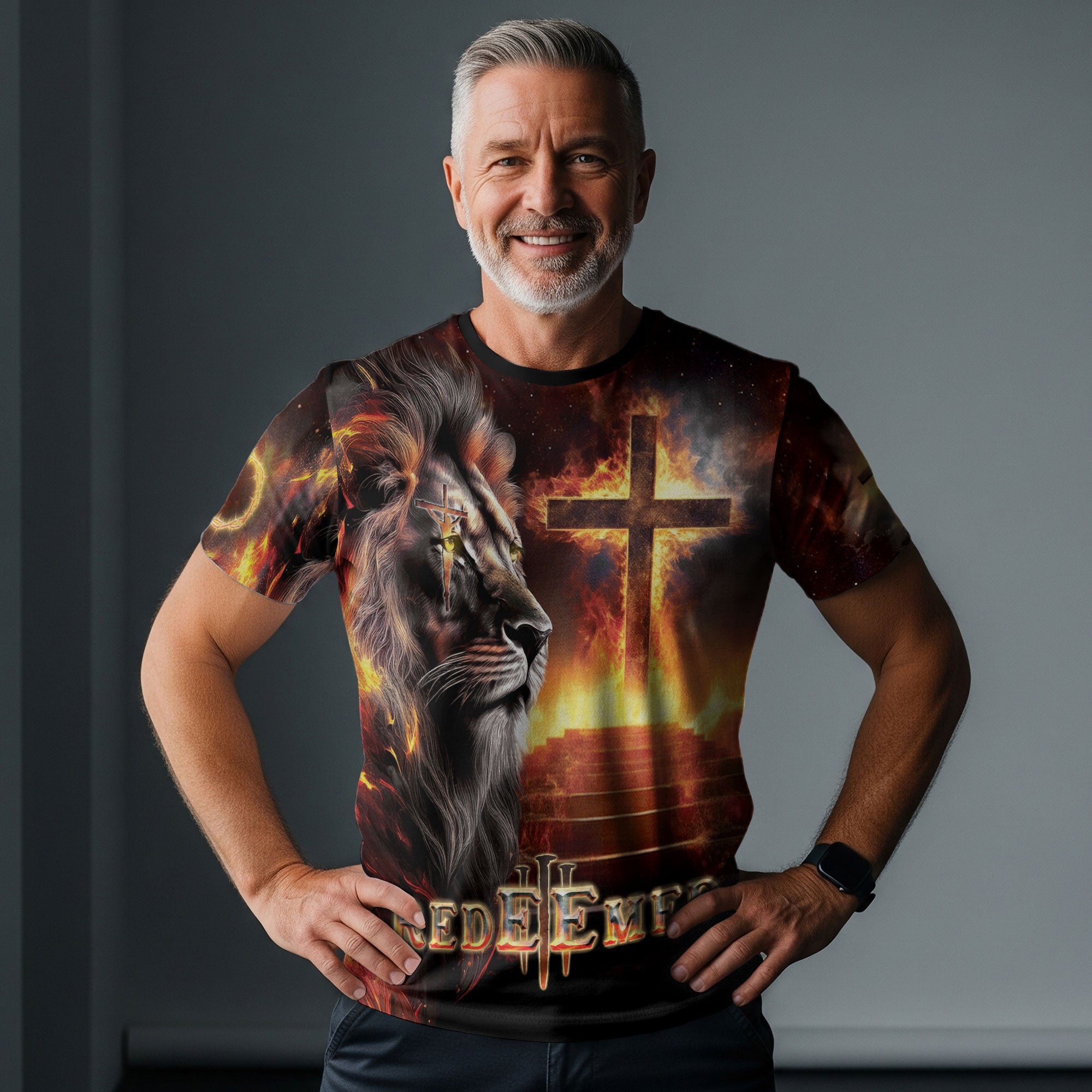 RustField Co Christian Tee Shirts - Redeemed By The Lion Of Judah Fiery, Freedom Shirts for Men - Rust Field Wear