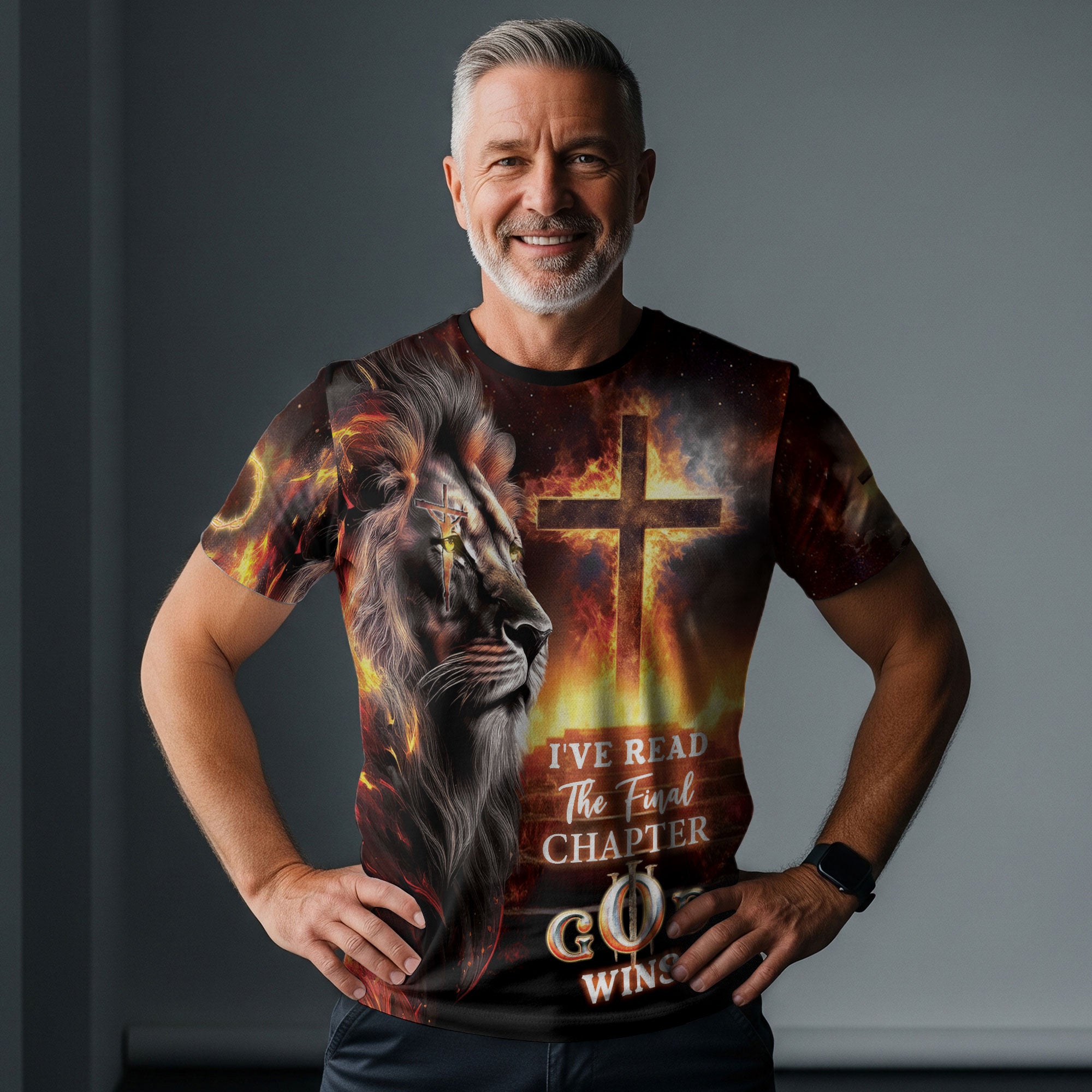 RustField Co, I've Read The Final Chapter God Wins Lion Cross Fire - Christian Tee Shirts for Men, Freedom Shirts - Rust Field Wear