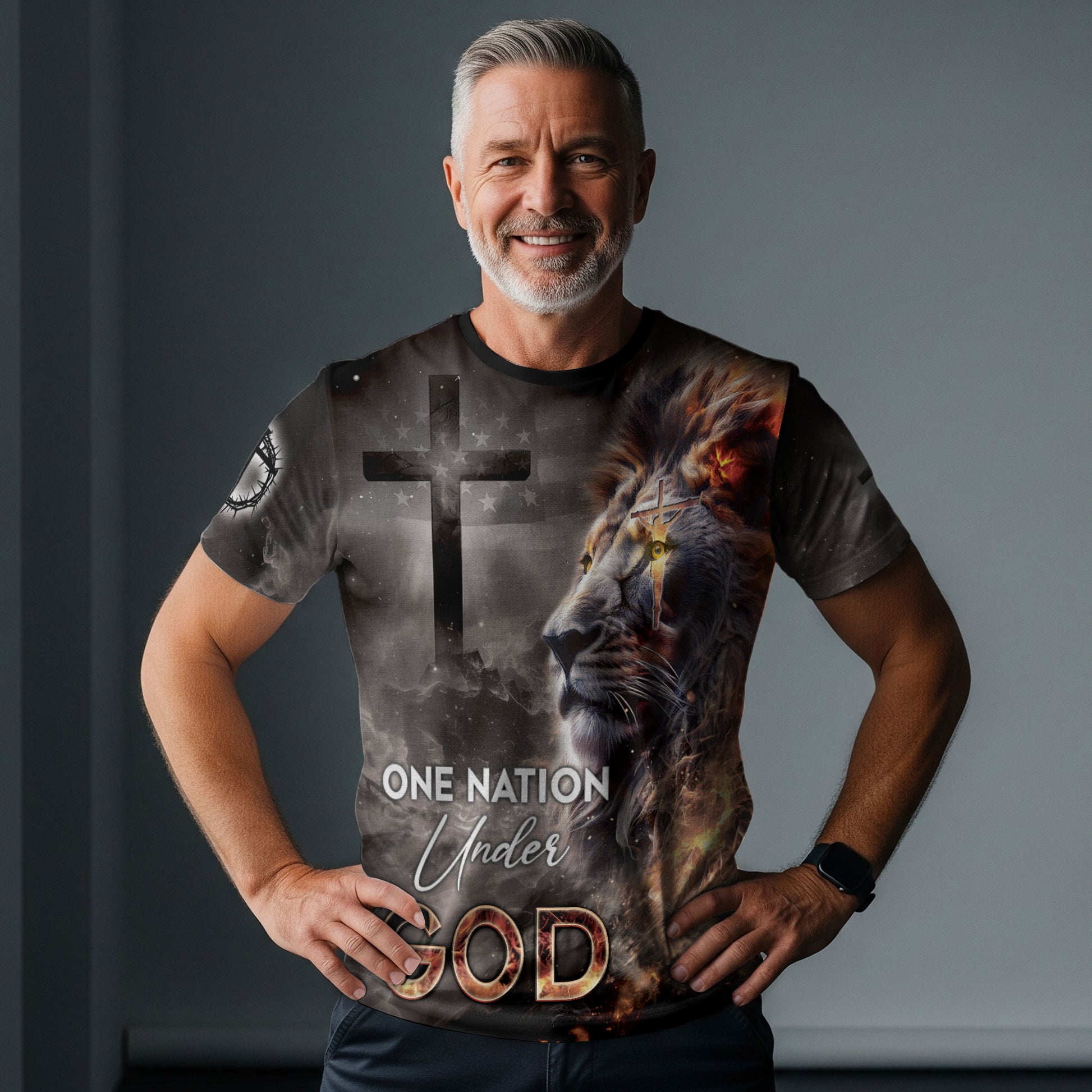 One Nation Under God Fiery Lion Cross, Freedom Shirts - Christian Tee Shirts for Men, RustField Co - Rust Field Wear