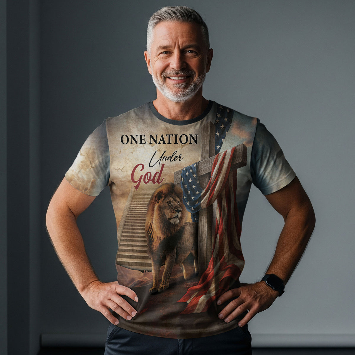 One Nation Under God Lion Cross Heaven Stairs - Christian Tee Shirts for Men, Freedom Shirts, RustField Co - Rust Field Wear
