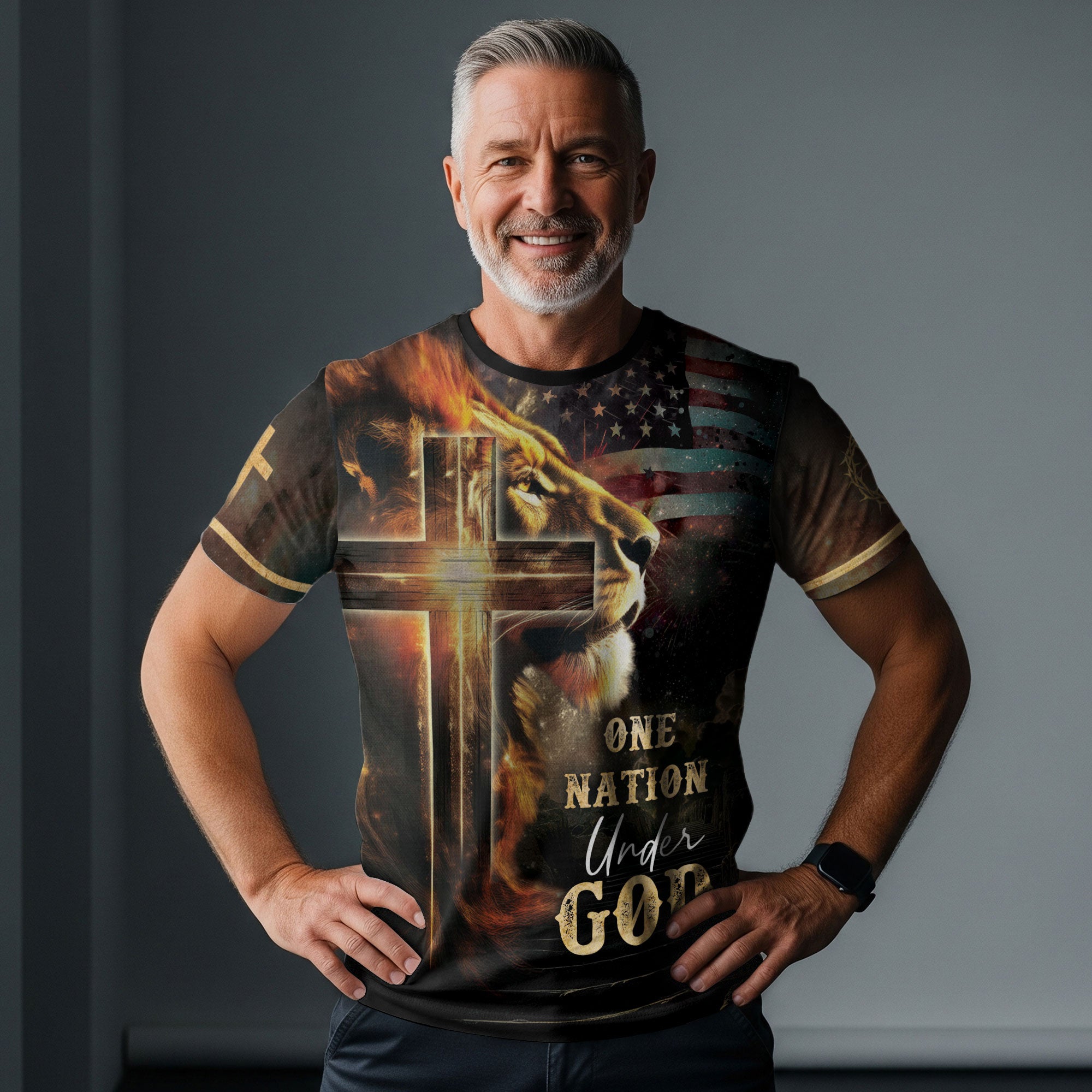 RustField Co, One Nation Under God Lion Cross American Flag - Christian Tee Shirts for Men, Freedom Shirts - Rust Field Wear