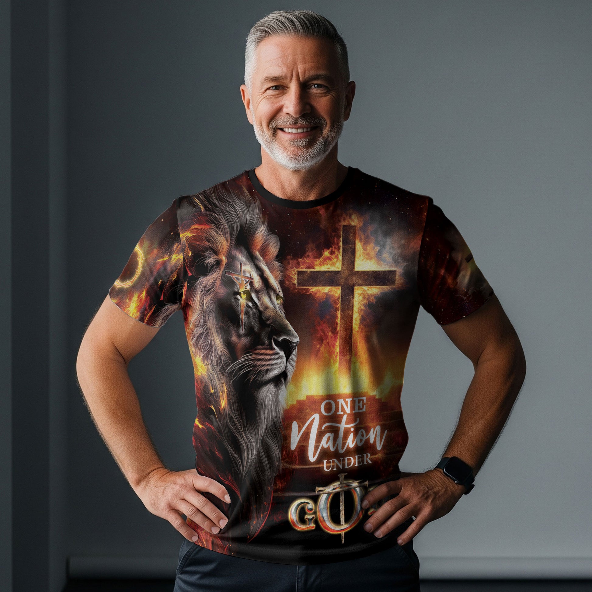 Christian Tee Shirts for Men - One Nation Under God Fire Cross Lion, RustField Co Freedom Shirts - Rust Field Wear