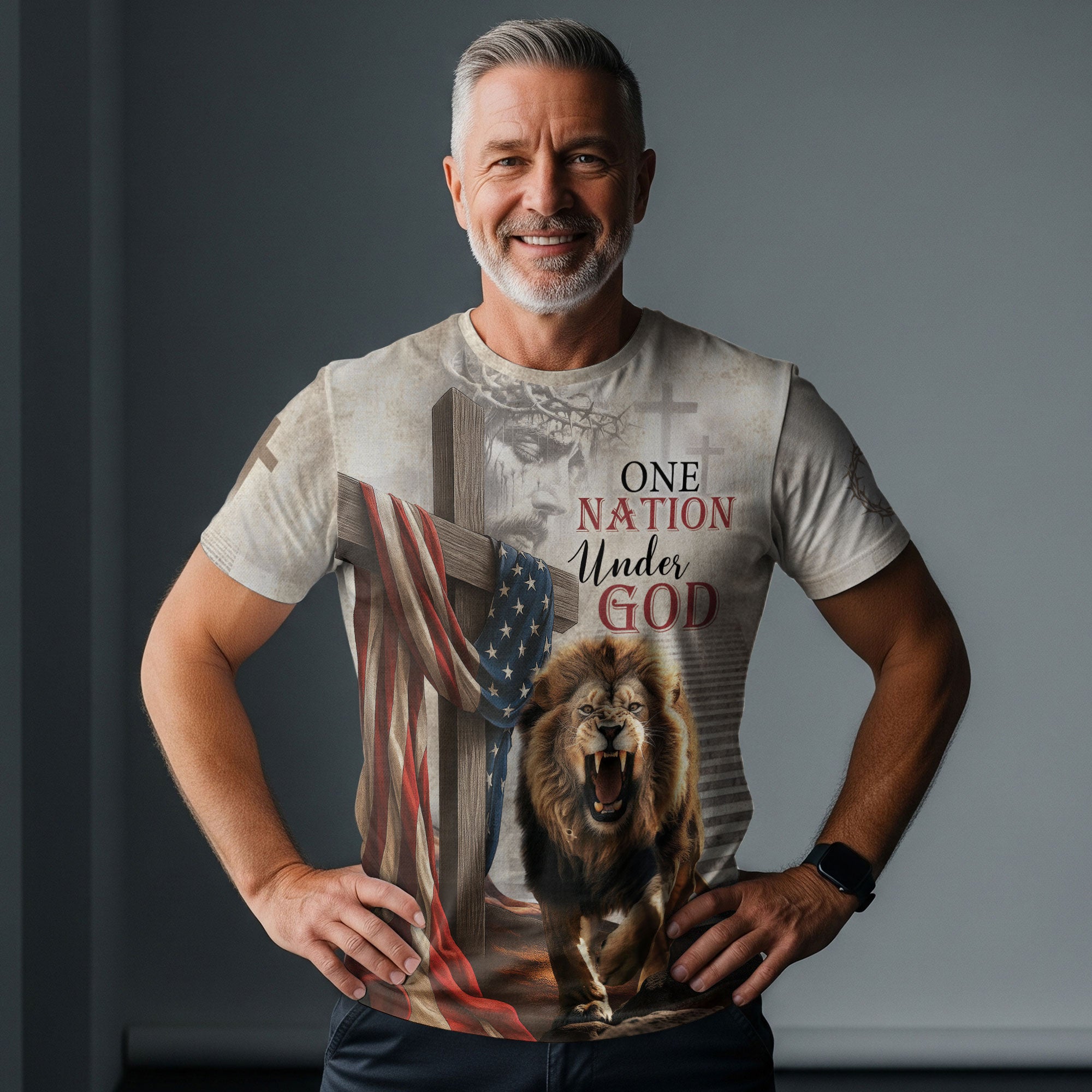 One Nation Under God American Flag Lion Christian Tee Shirts - Freedom Shirts for Men, RustField Co - Rust Field Wear