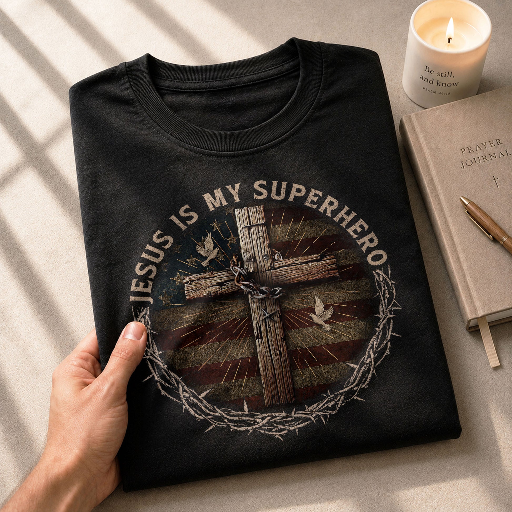 Jesus Is My Superhero Cross and American Flag - Christian Tee Shirts, Christian Shirts for Men - Rust Field Wear