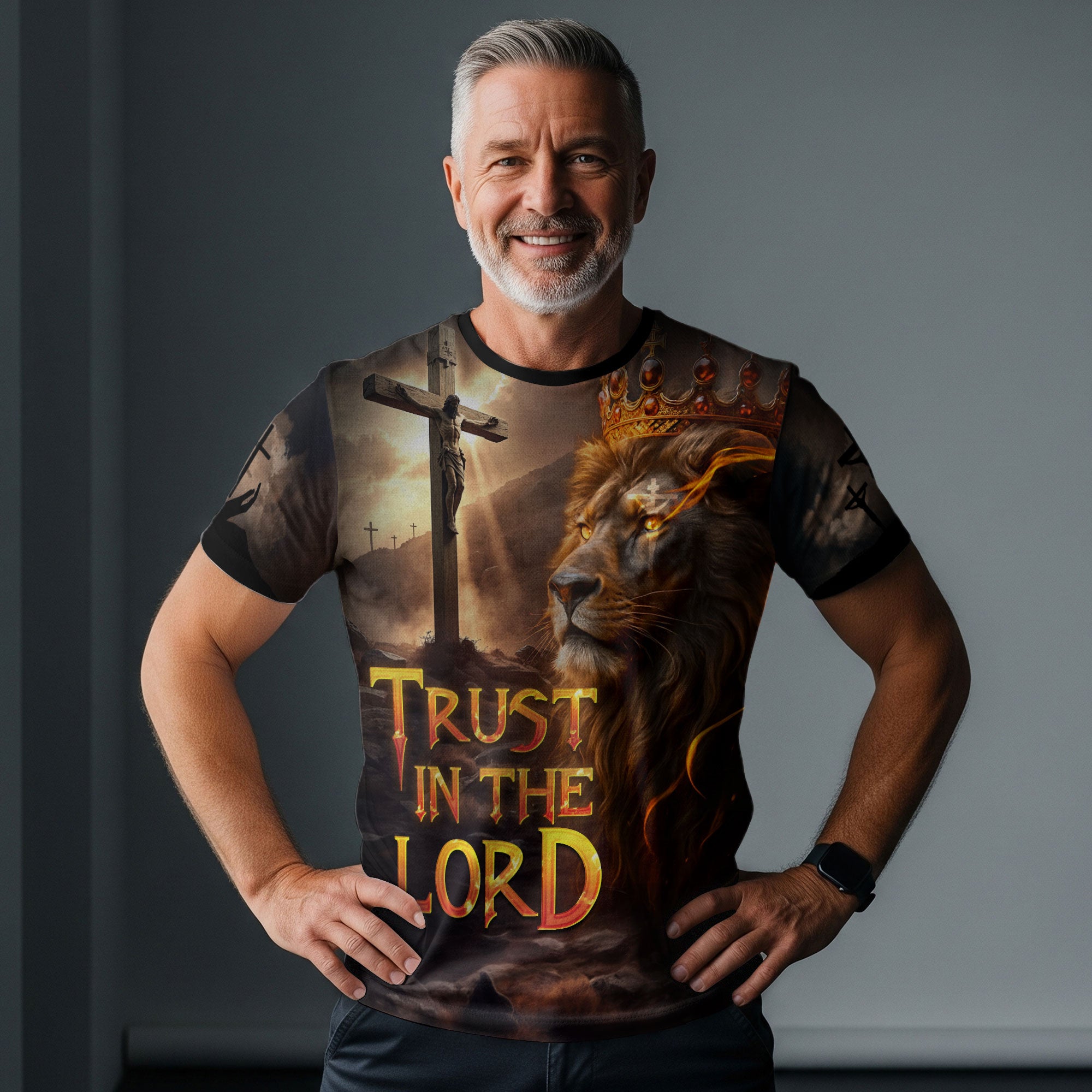 Christian Tee Shirts for Men - Trust In The Lord Fiery Cross Lion of Judah Warrior, RustField Co Freedom Shirts - Rust Field Wear