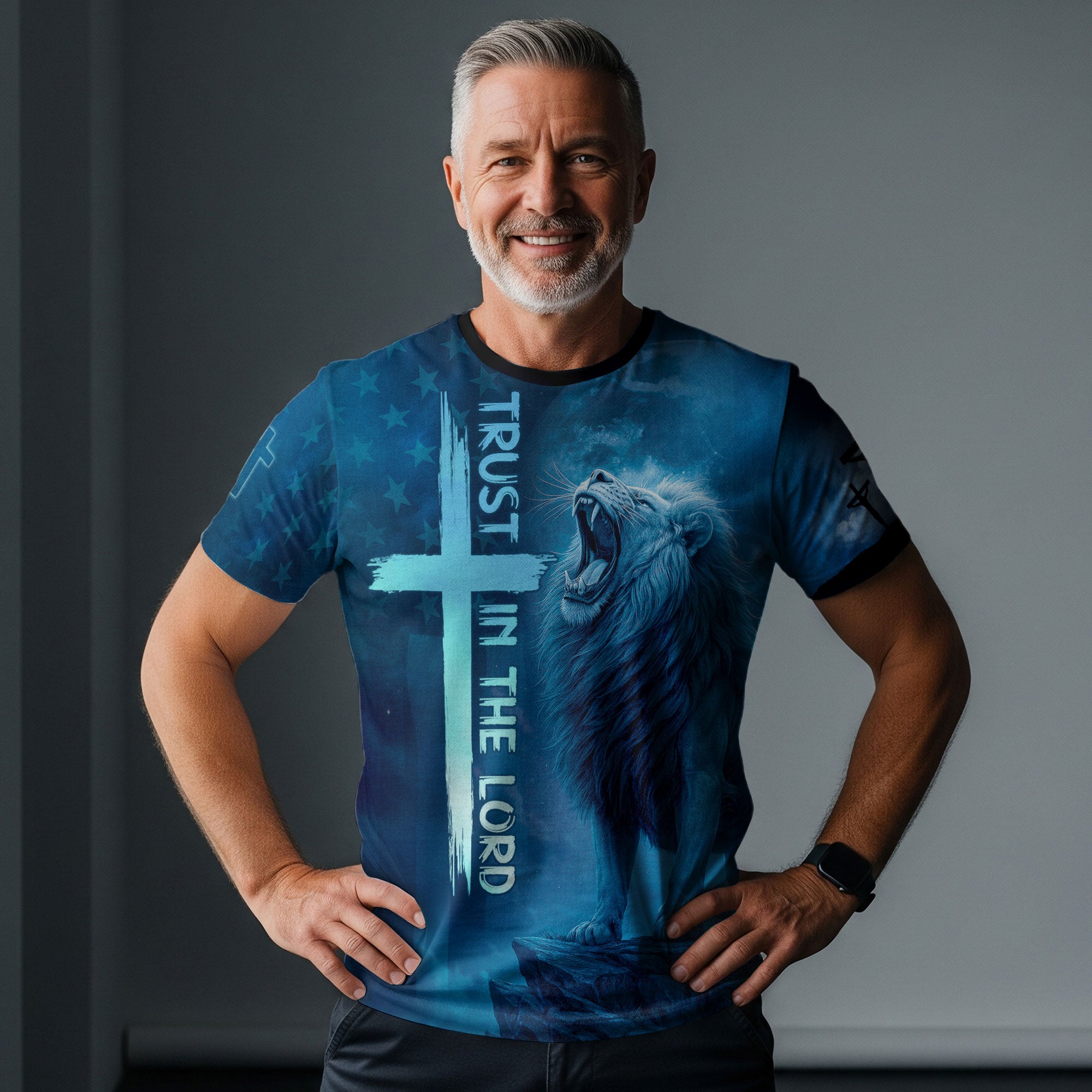 Christian Tee Shirts for Men, RustField Co - Trust In The Lord Cross and Lion, Freedom Shirts - Rust Field Wear