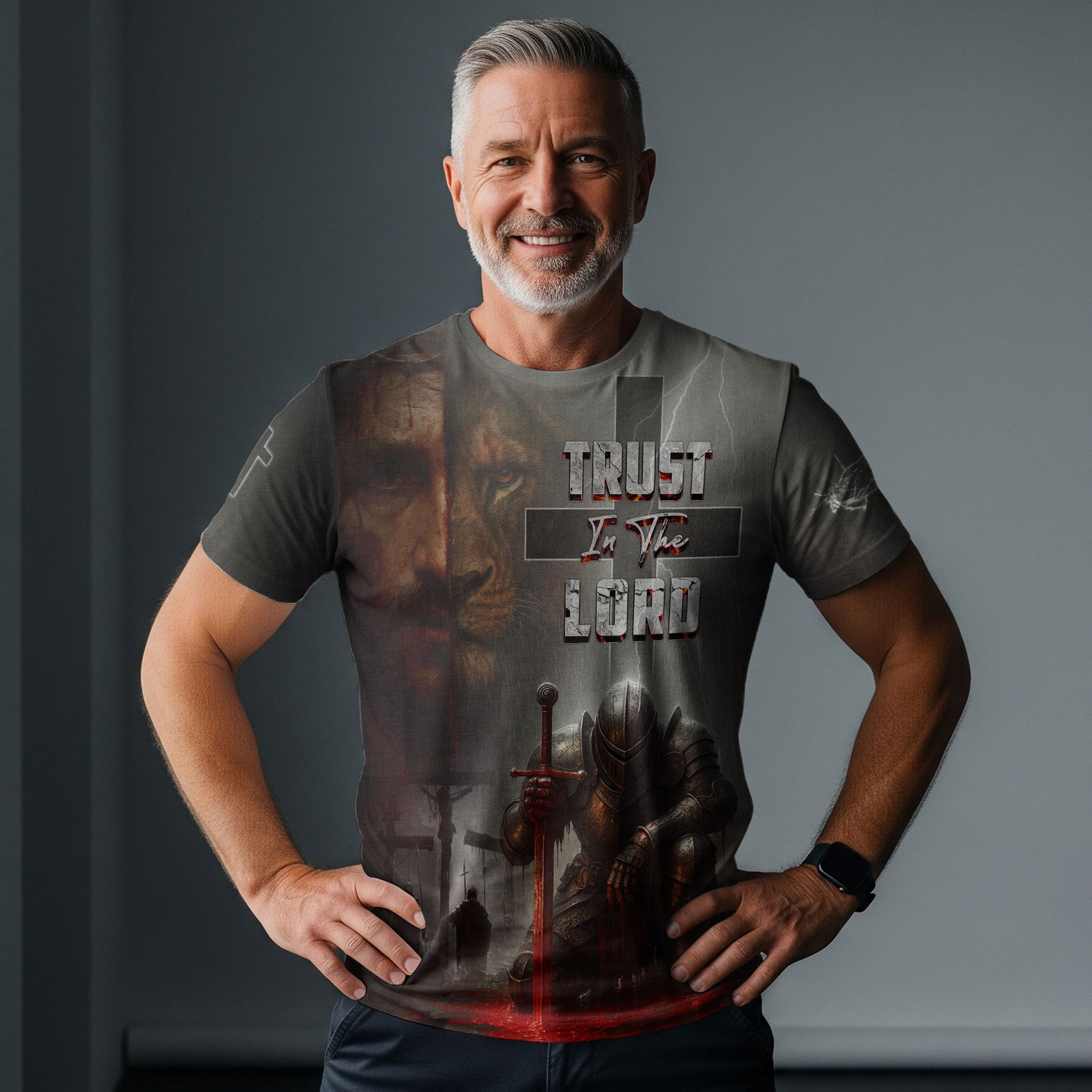 RustField Co Freedom Shirts - Trust In The Lord Knight and Lion Cross, Christian Tee Shirts for Men - Rust Field Wear