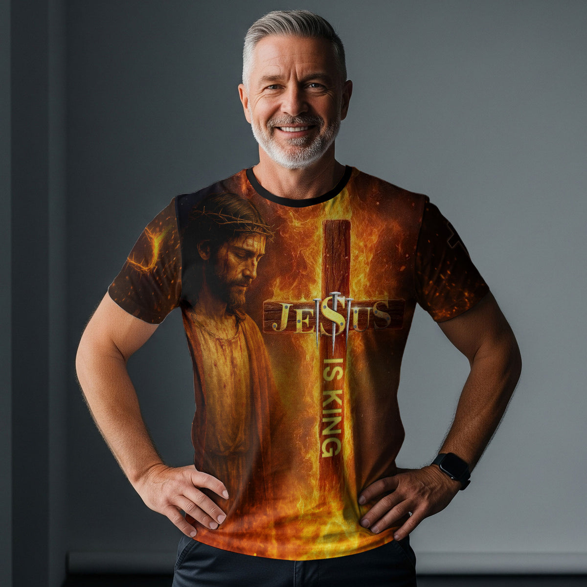 Jesus Is King Cross and Lion Fire Art - RustField Co Freedom Shirts, Christian Tee Shirts for Men - Rust Field Wear