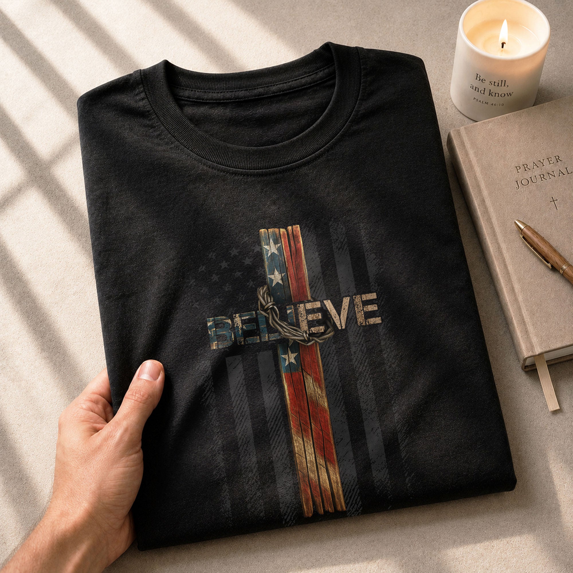 Believe American Flag Cross Christian, Christian Shirts for Men - Christian Tee Shirts - Rust Field Wear