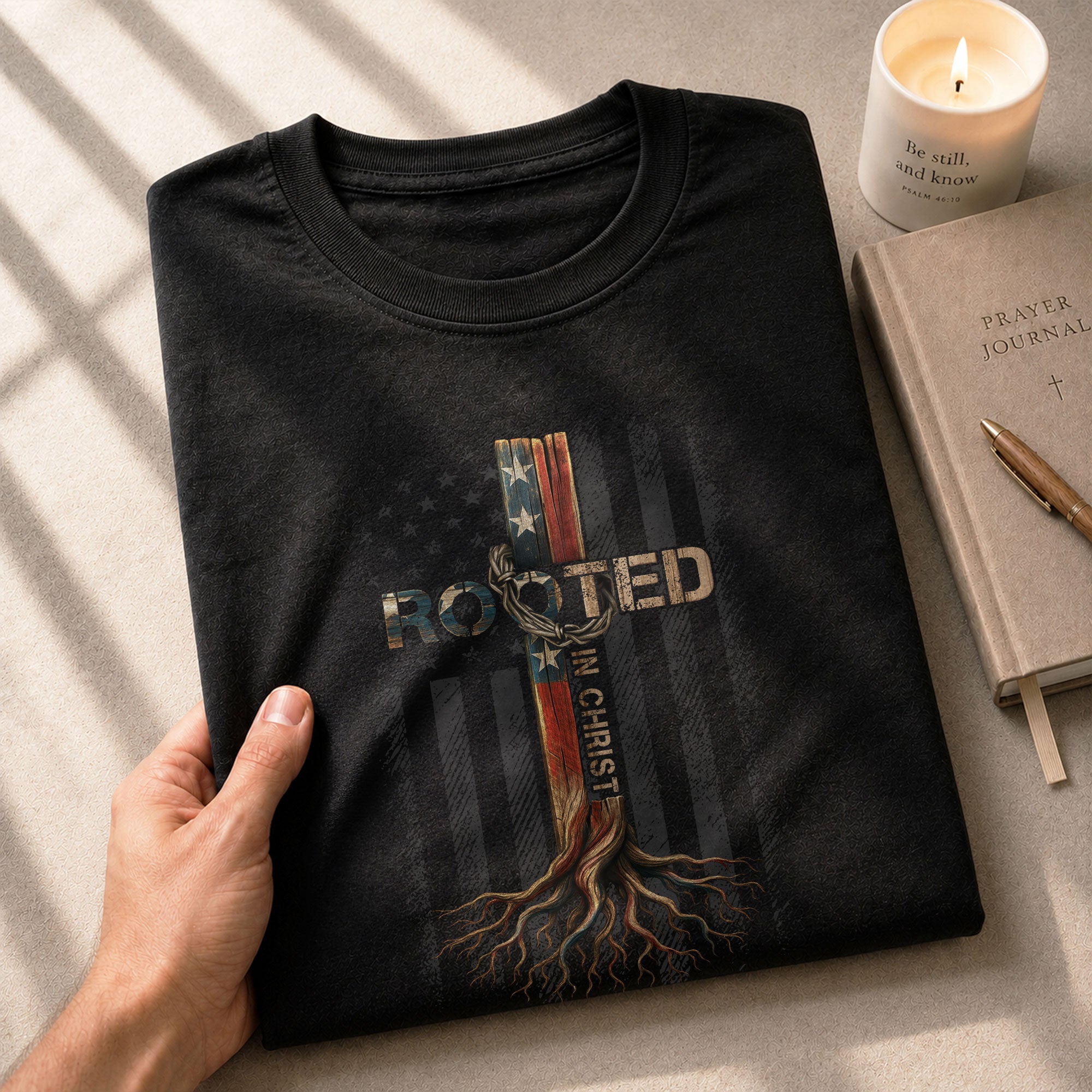 Rooted In Christ American Flag Cross - Christian Shirts for Men, Faith Based Christian Tee Shirts - Rust Field Wear