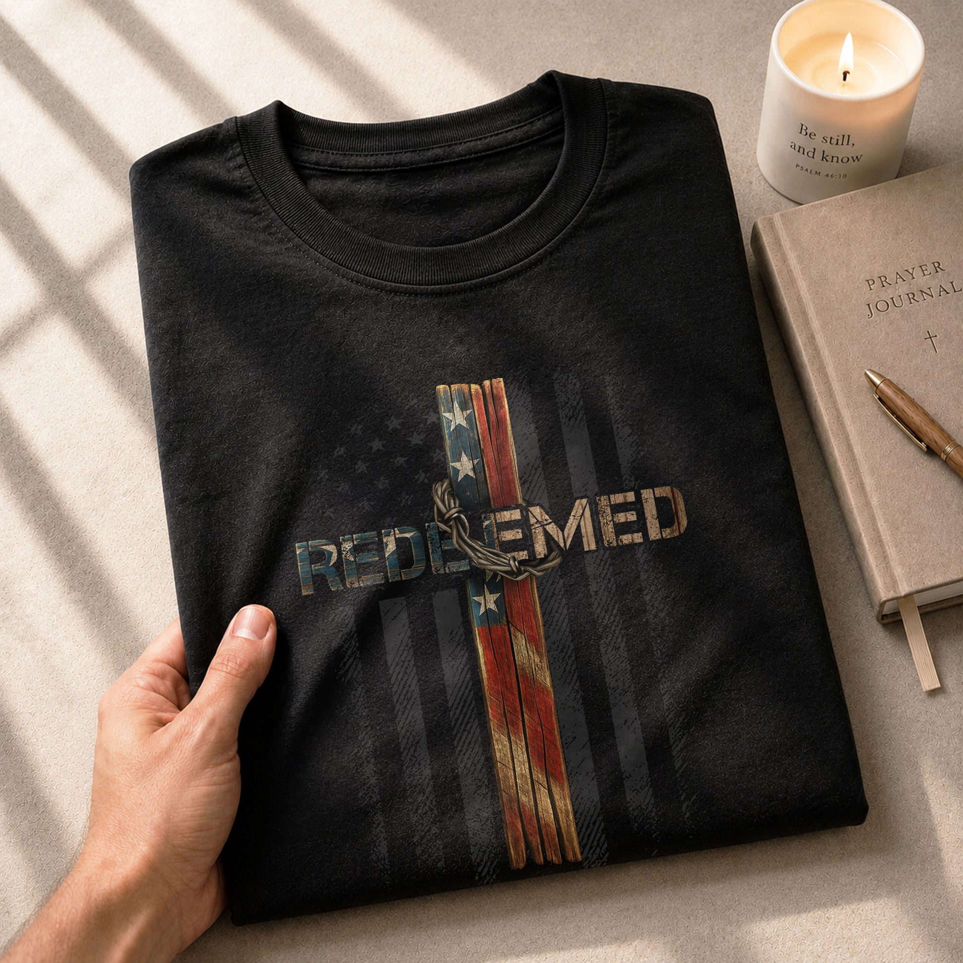 Christian Tee Shirts, Redeemed American Flag Cross Christian - Christian Shirts for Men - Rust Field Wear