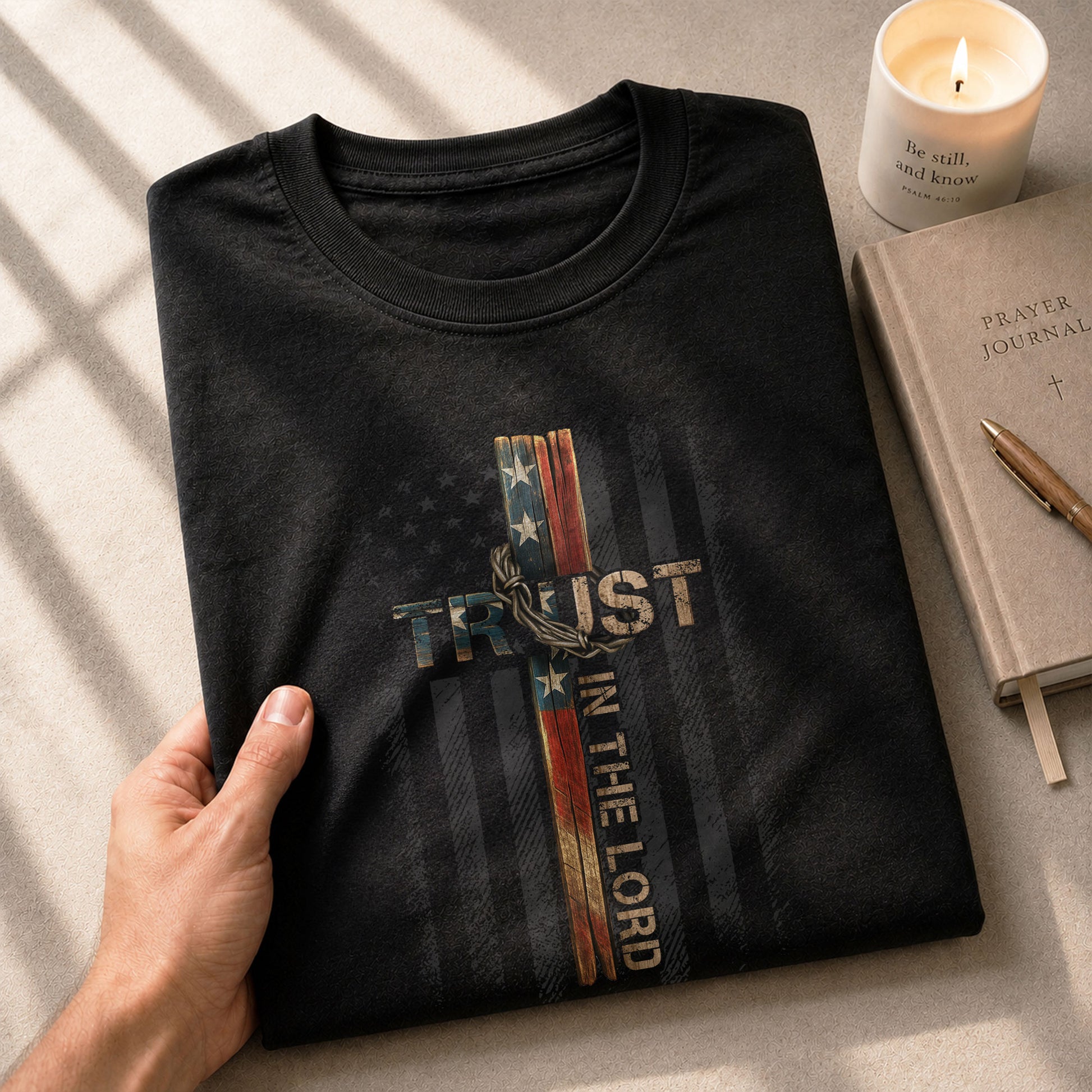 Trust In The Lord American Flag Cross - Christian Tee Shirts, Christian Shirts for Men - Rust Field Wear