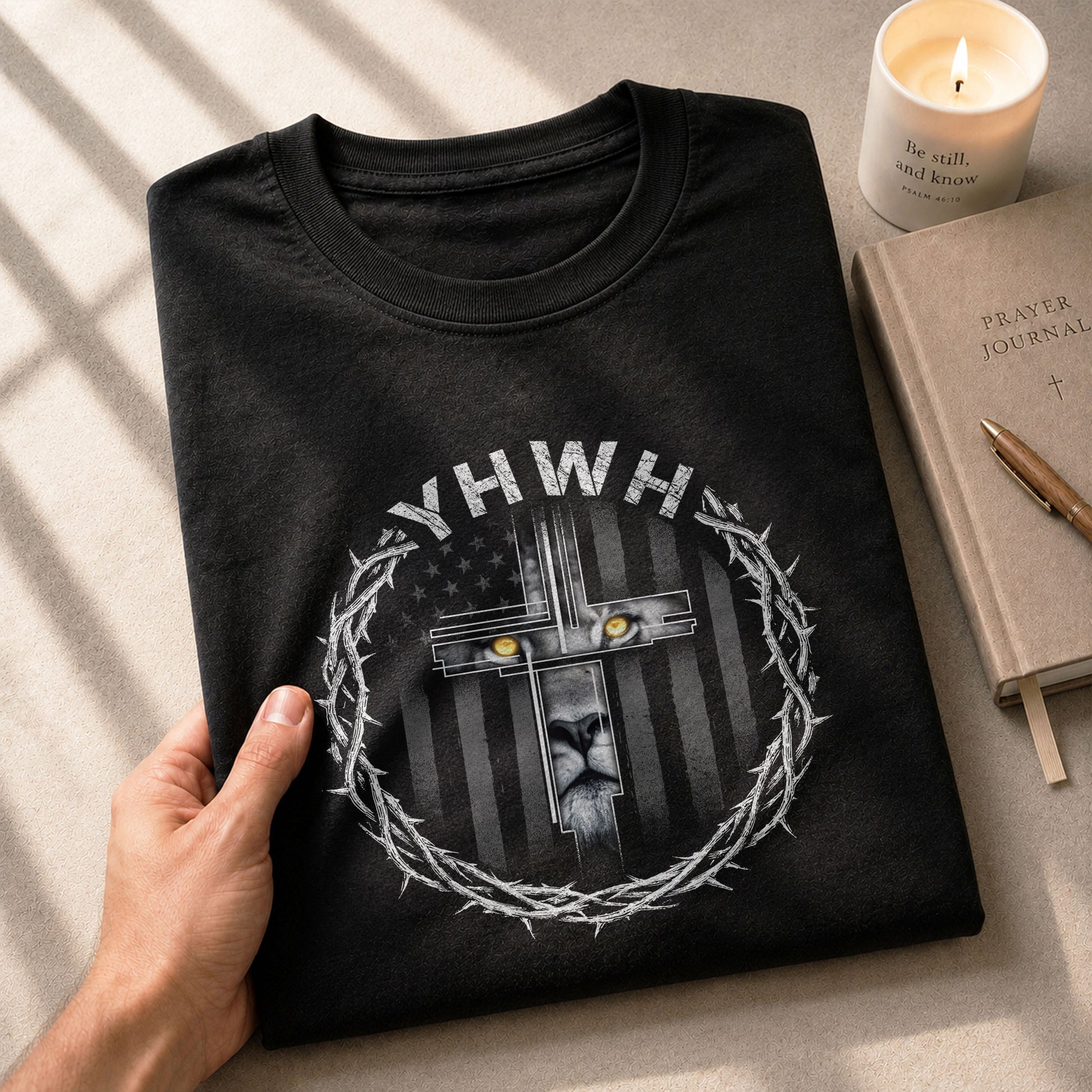 Christian Shirts for Men - YHWH Lion Cross Crown of Thorns Christian, Christian Tee Shirts - Rust Field Wear