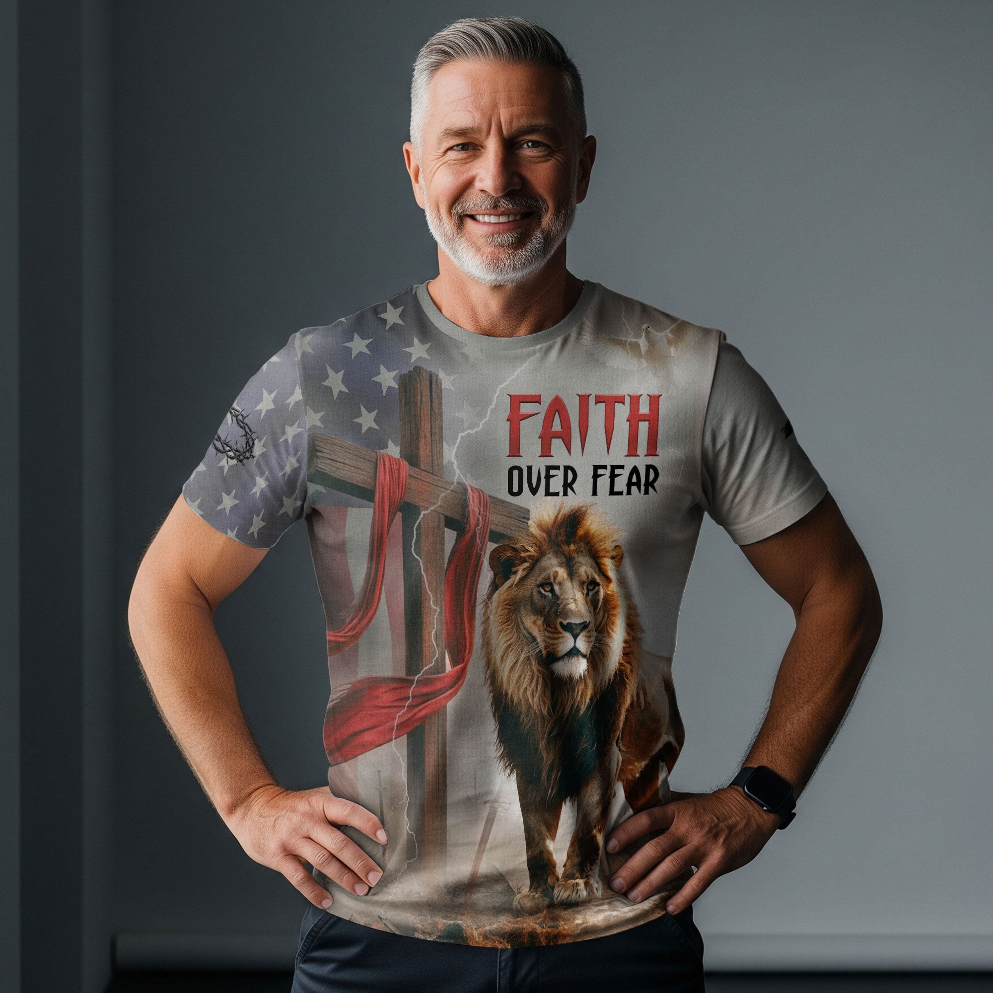 Freedom Shirts - Faith Over Fear American Flag Lion and Cross, Christian Tee Shirts for Men, RustField Co - Rust Field Wear