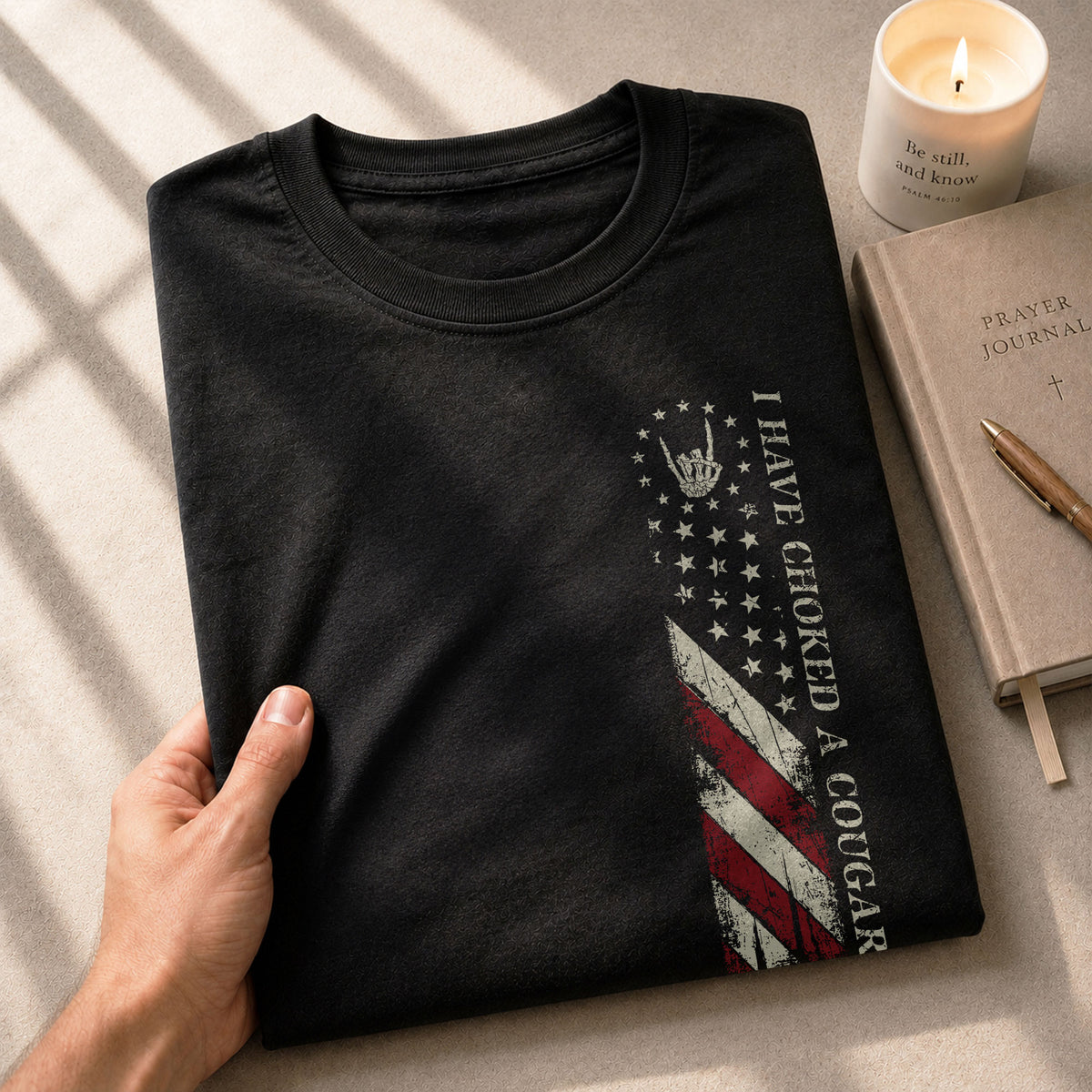 I Have Choked A Cougar US Flag Graphic T-Shirt Distressed Vertical Print Tee