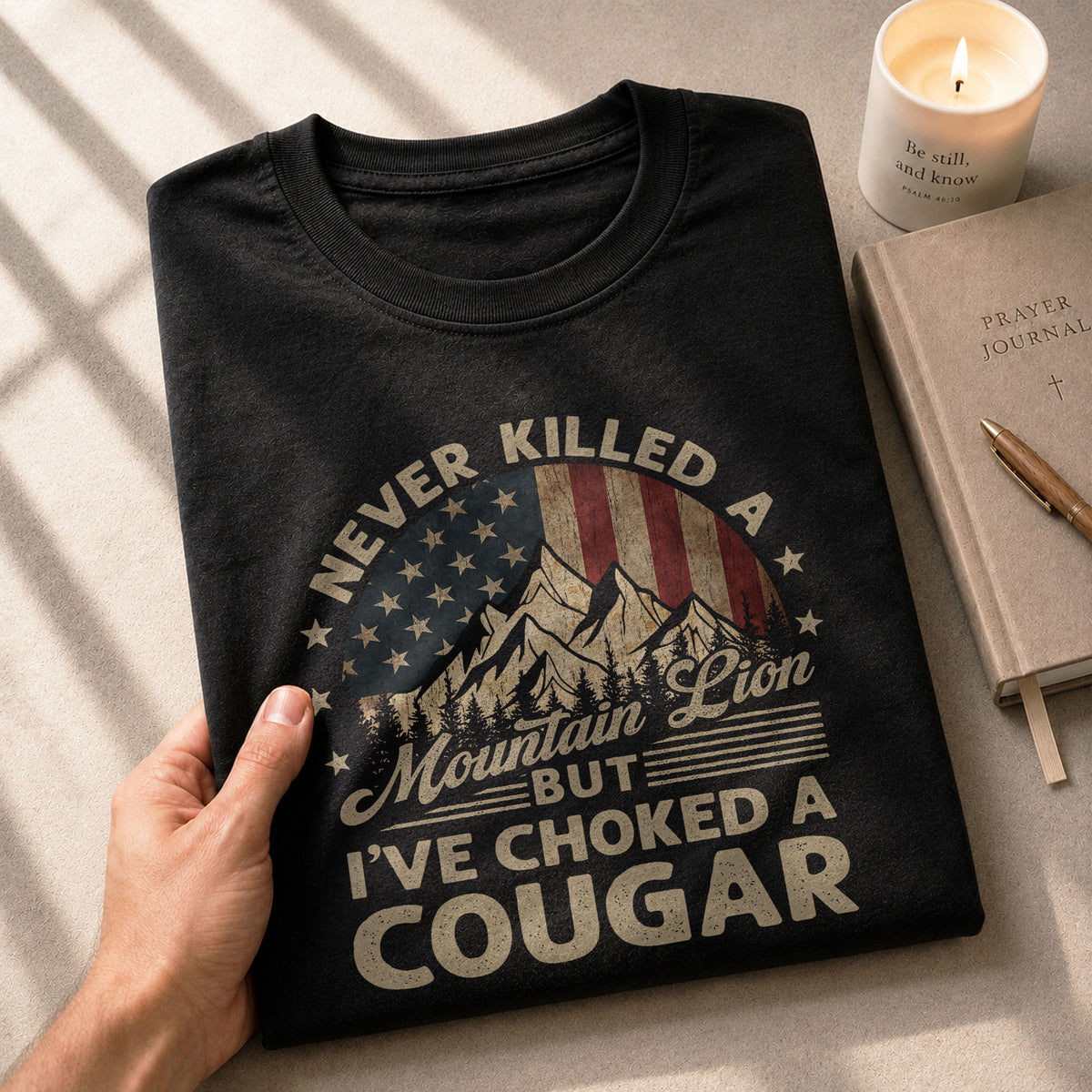 Never Killed A Mountain Lion But Ive Choked A Cougar US Flag Graphic T-Shirt