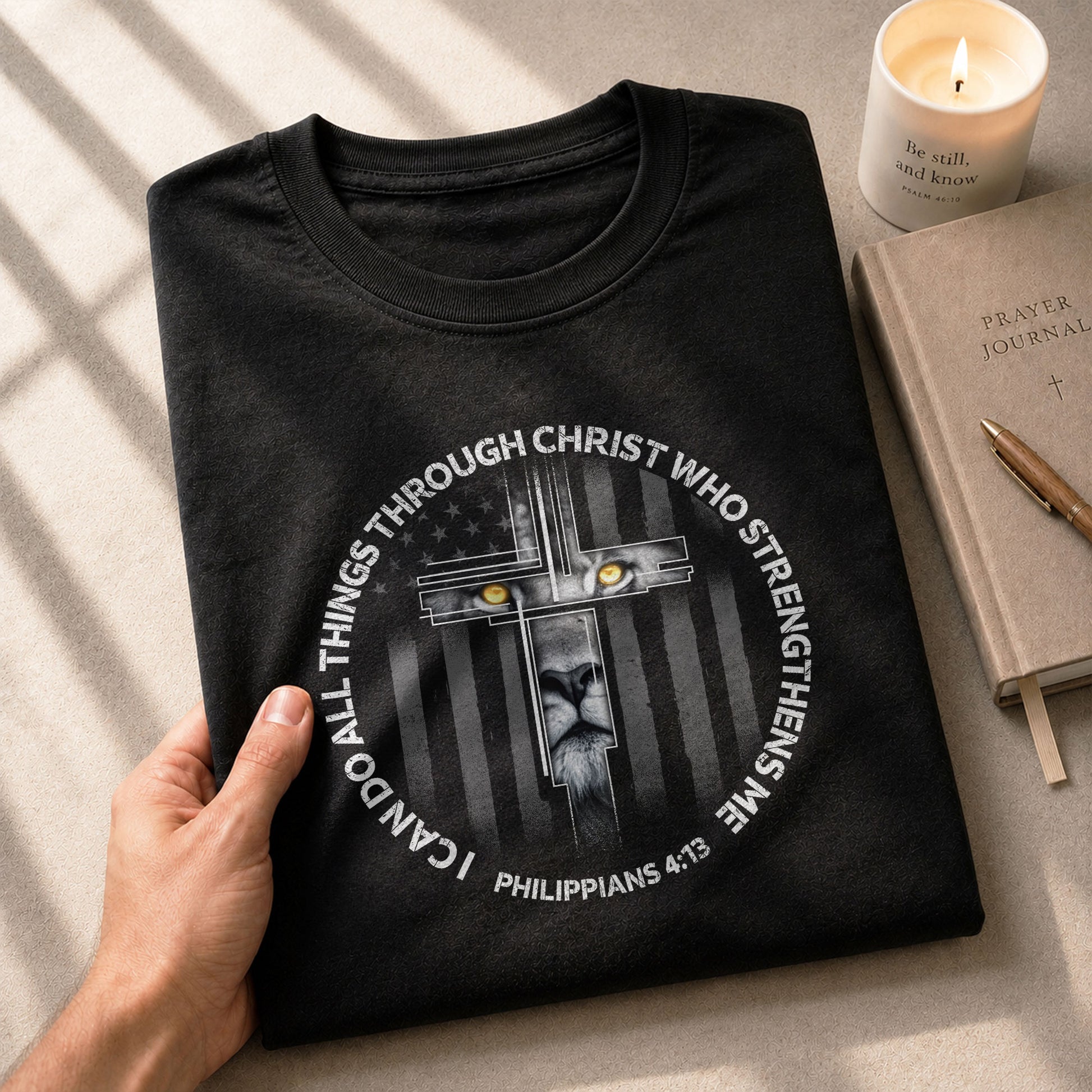 Faith Based Christian Tee Shirts, I Can Do All Things Through Christ Lion Cross - Christian Shirts for Men - Rust Field Wear
