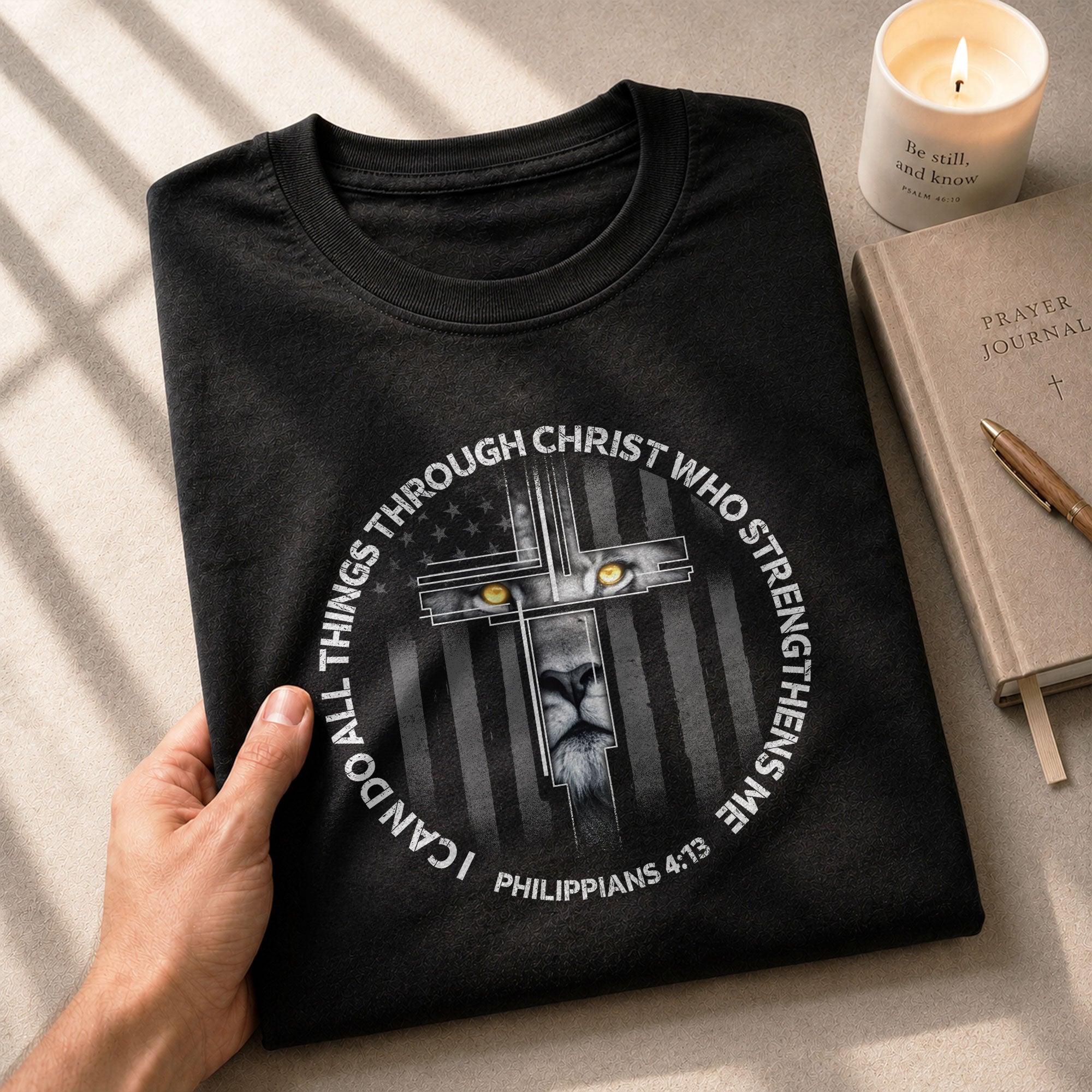Faith Based Christian Tee Shirts, I Can Do All Things Through Christ Lion Cross - Christian Shirts for Men - Rust Field Wear