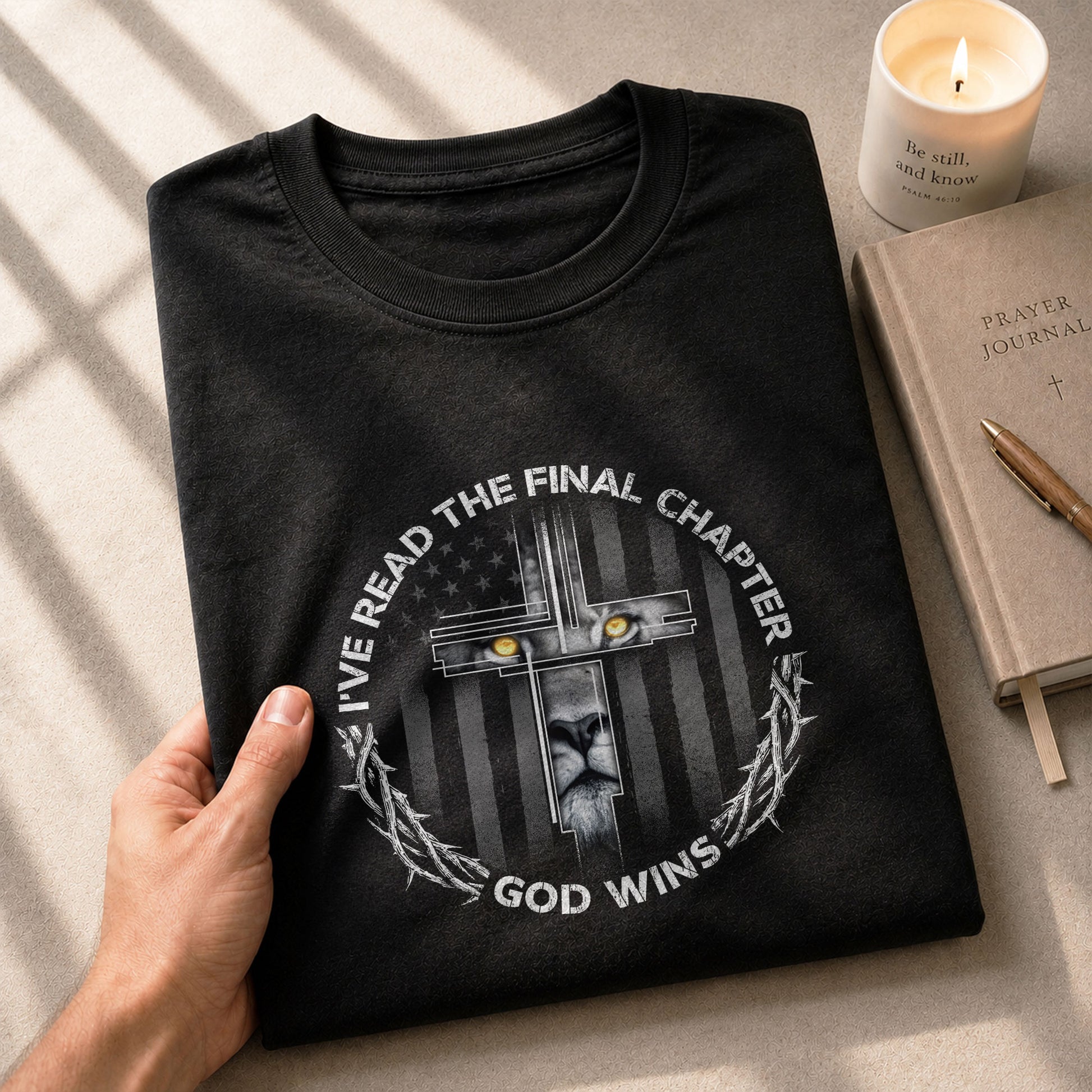 Christian Tee Shirts, God Wins Lion Cross Final Chapter Christian - Christian Shirts for Men - Rust Field Wear